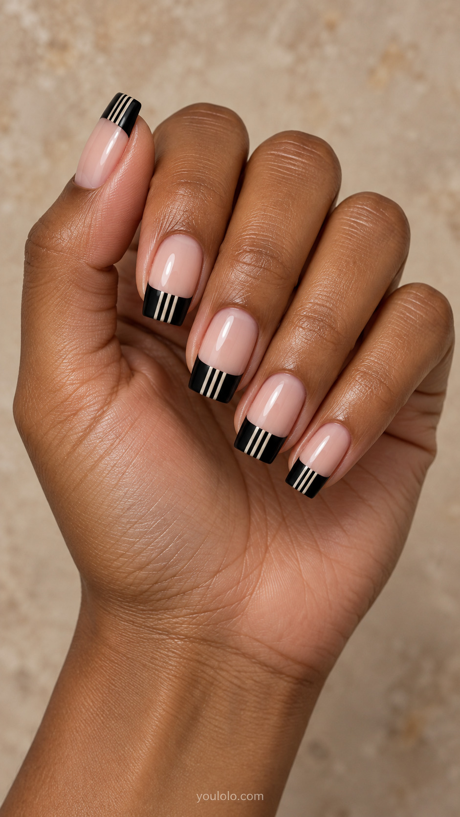 Black French with Fine Pinstripes on square nails with a nude base