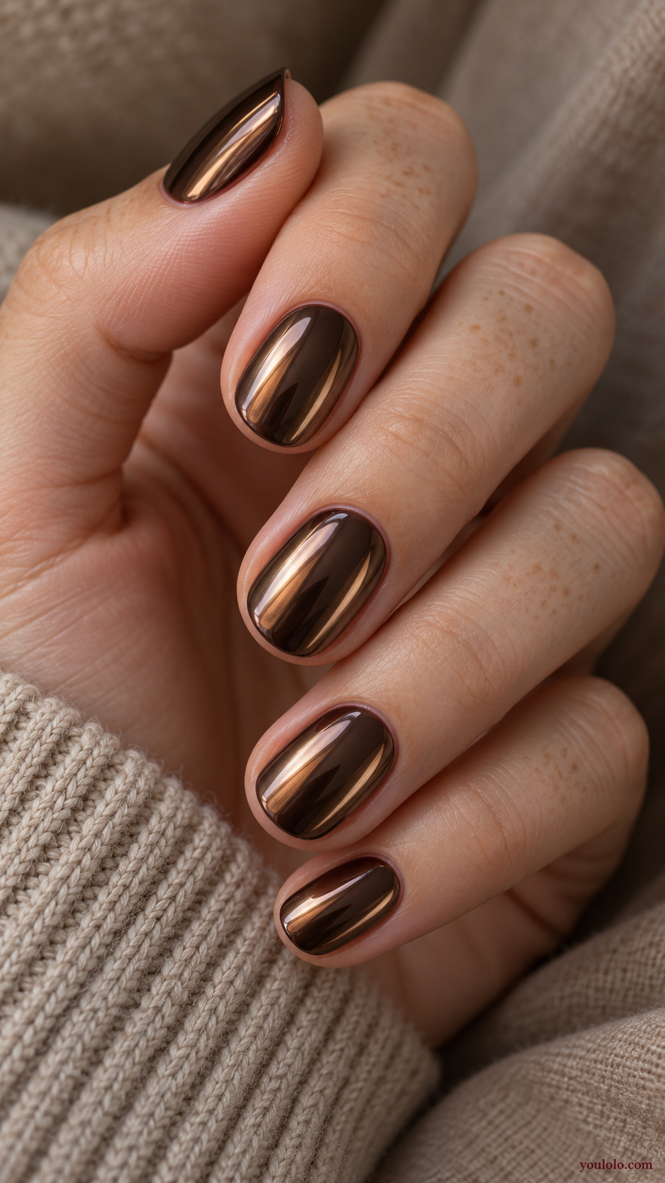 Espresso Chrome with Bronze Light on a naturally gathered feminine hand showing the nail finish