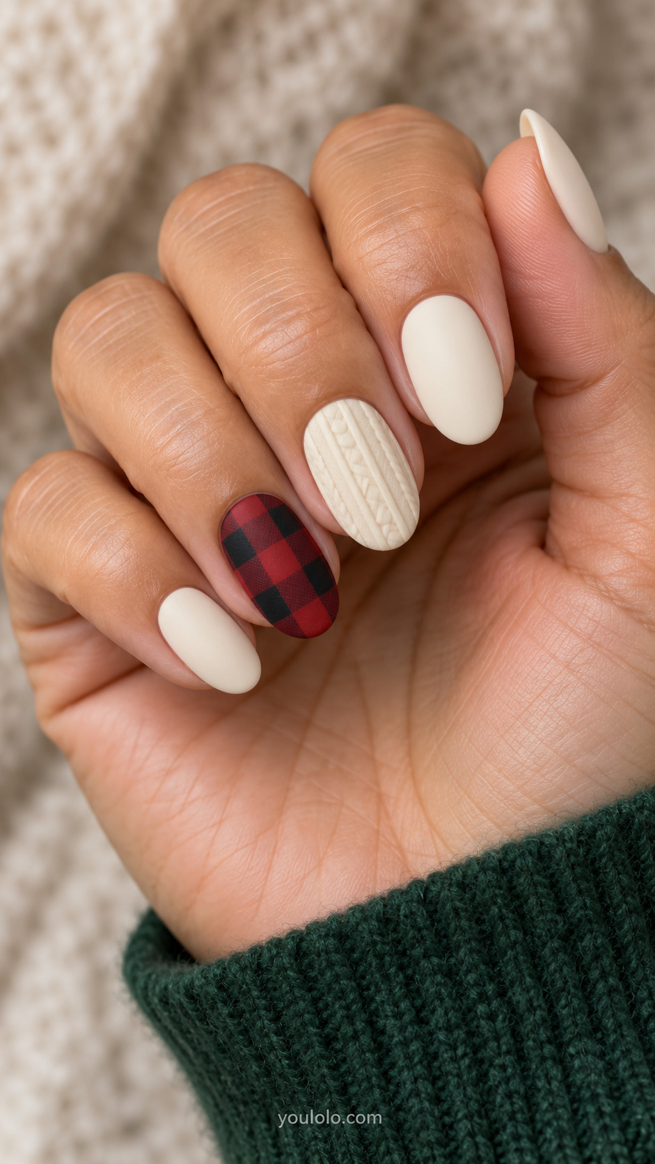 Cream nails combining a ribbed accent with a red-and-black checked nail
