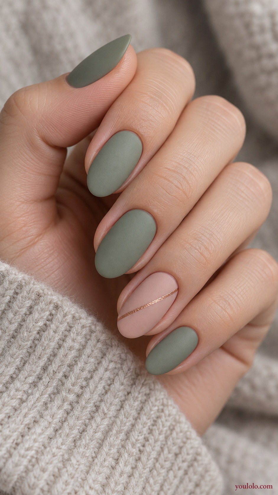 Rose-Gold Sliver on Sage and Blush on a softly gathered feminine hand with a matte green manicure
