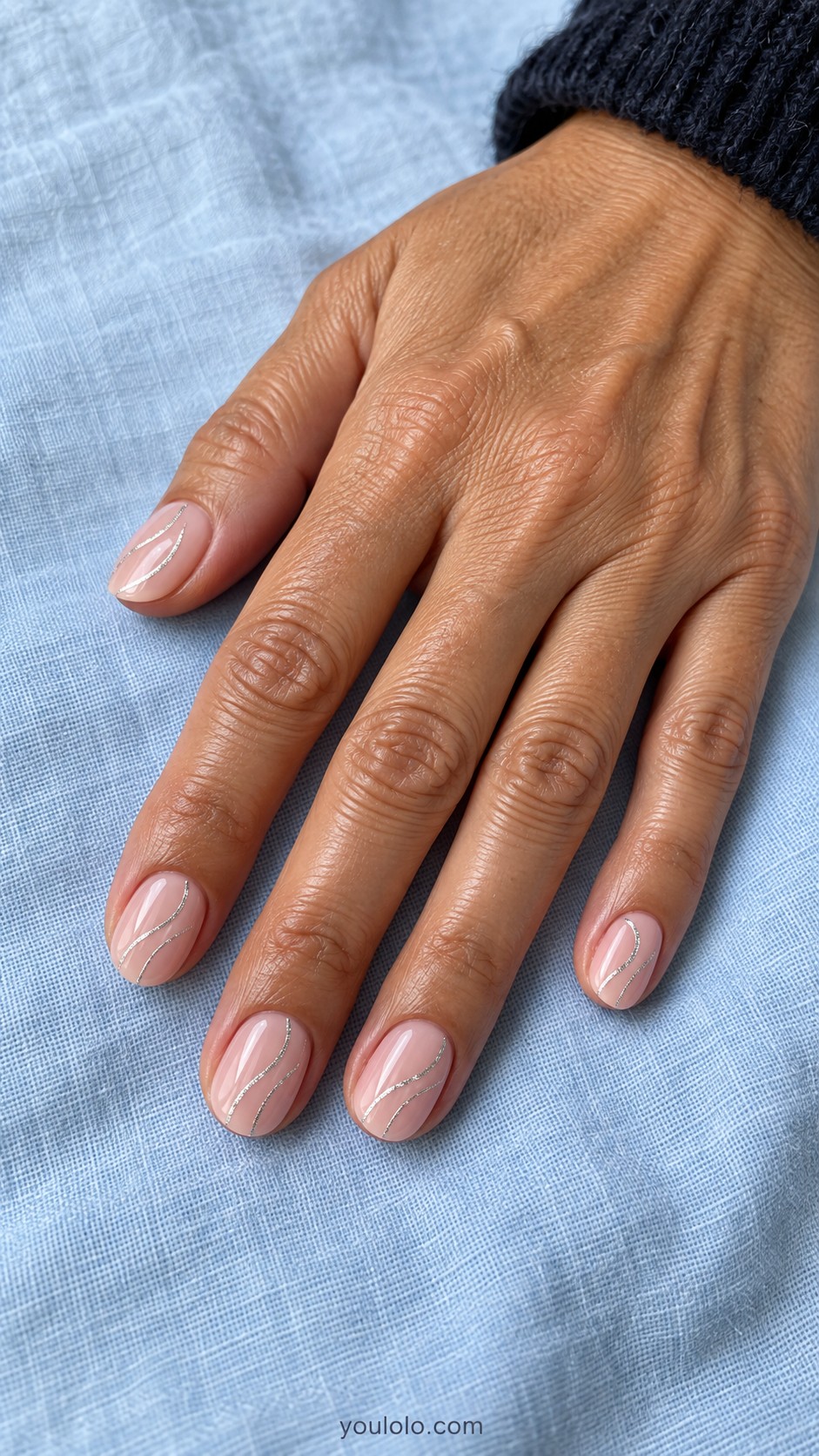 New Year nails — Sheer Pink with Silver Streamers