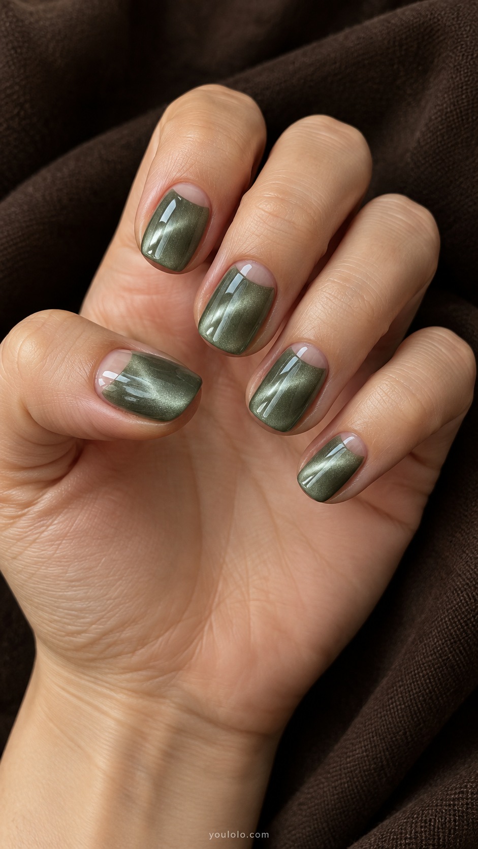 Sage Velvet with Sheer Half Moons cat eye nails — Short squoval sage green magnetic velvet nails with small sheer nude half moons at cuticle.