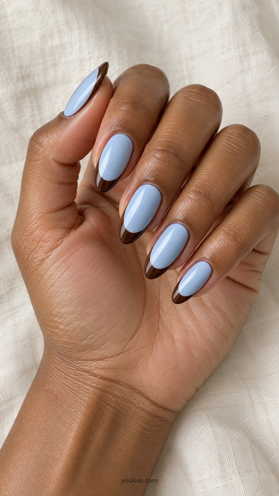 Blue Espresso Tip Frame — medium almond pale blue nails espresso brown French tips with thin brown side outlines