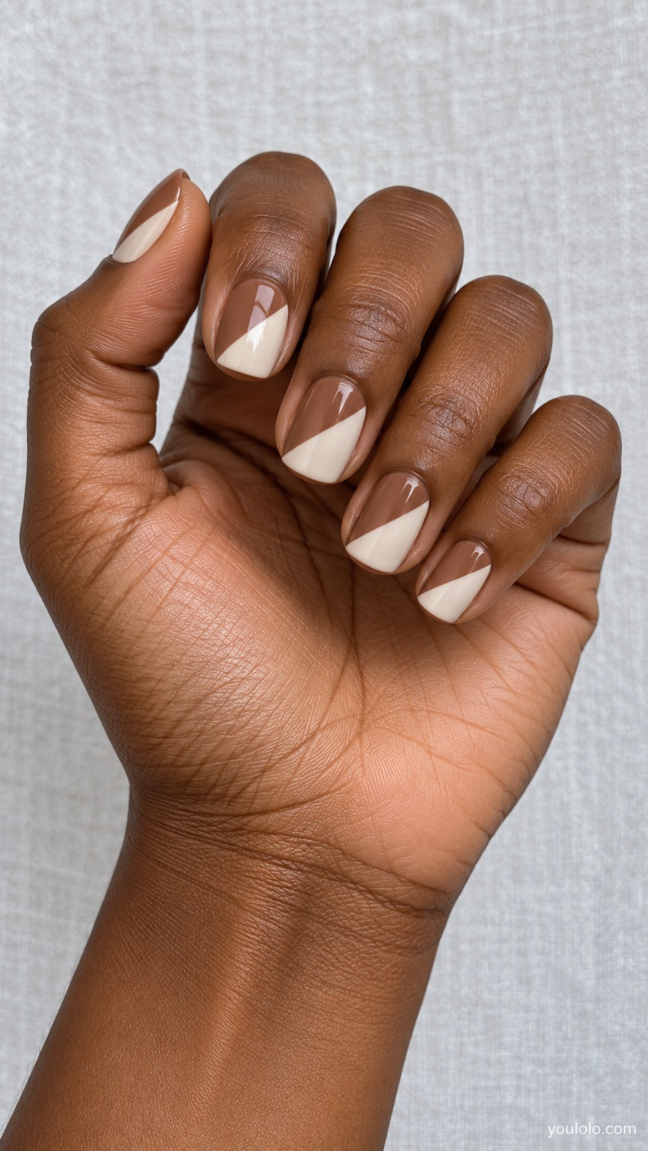Toffee Diagonal Split — short soft square nails diagonal half toffee brown cream half ivory cream crisp flat division