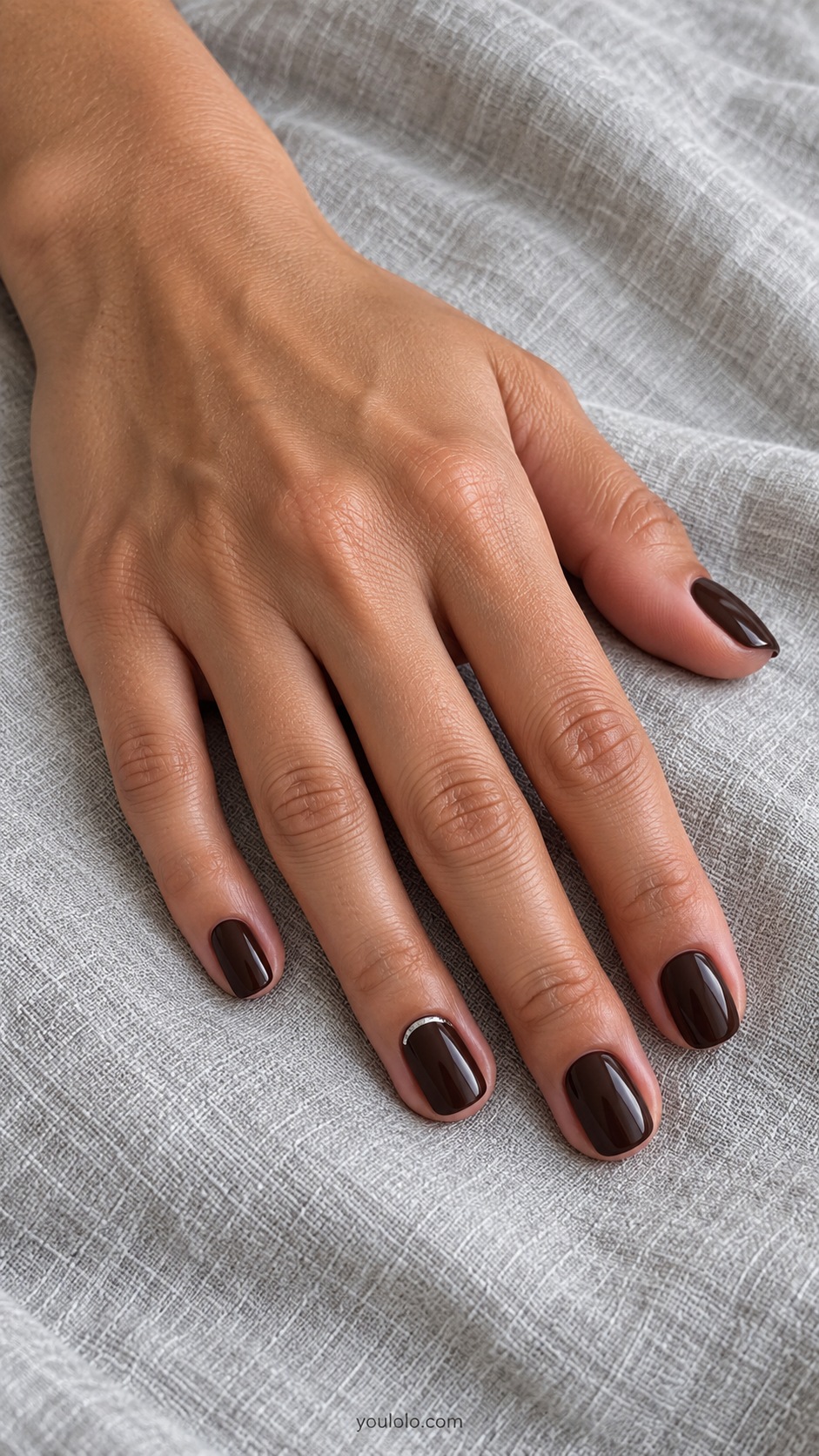 Espresso Fine Silver Arc — short squoval espresso nails thin silver crescent at cuticle ring nail only
