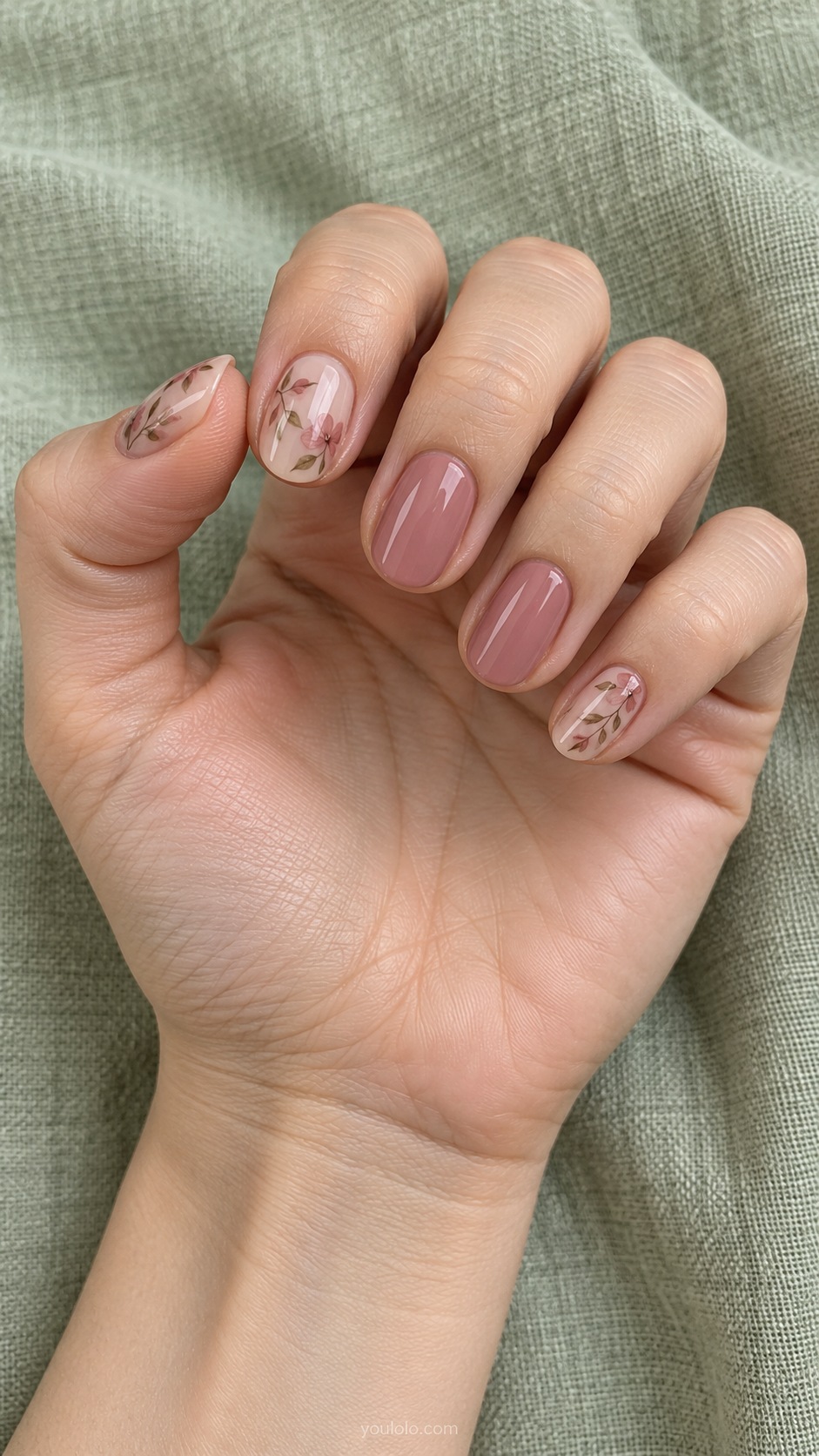 Cocoa Rose Accent Pair — short oval three cocoa nails middle and ring solid dusty rose gloss