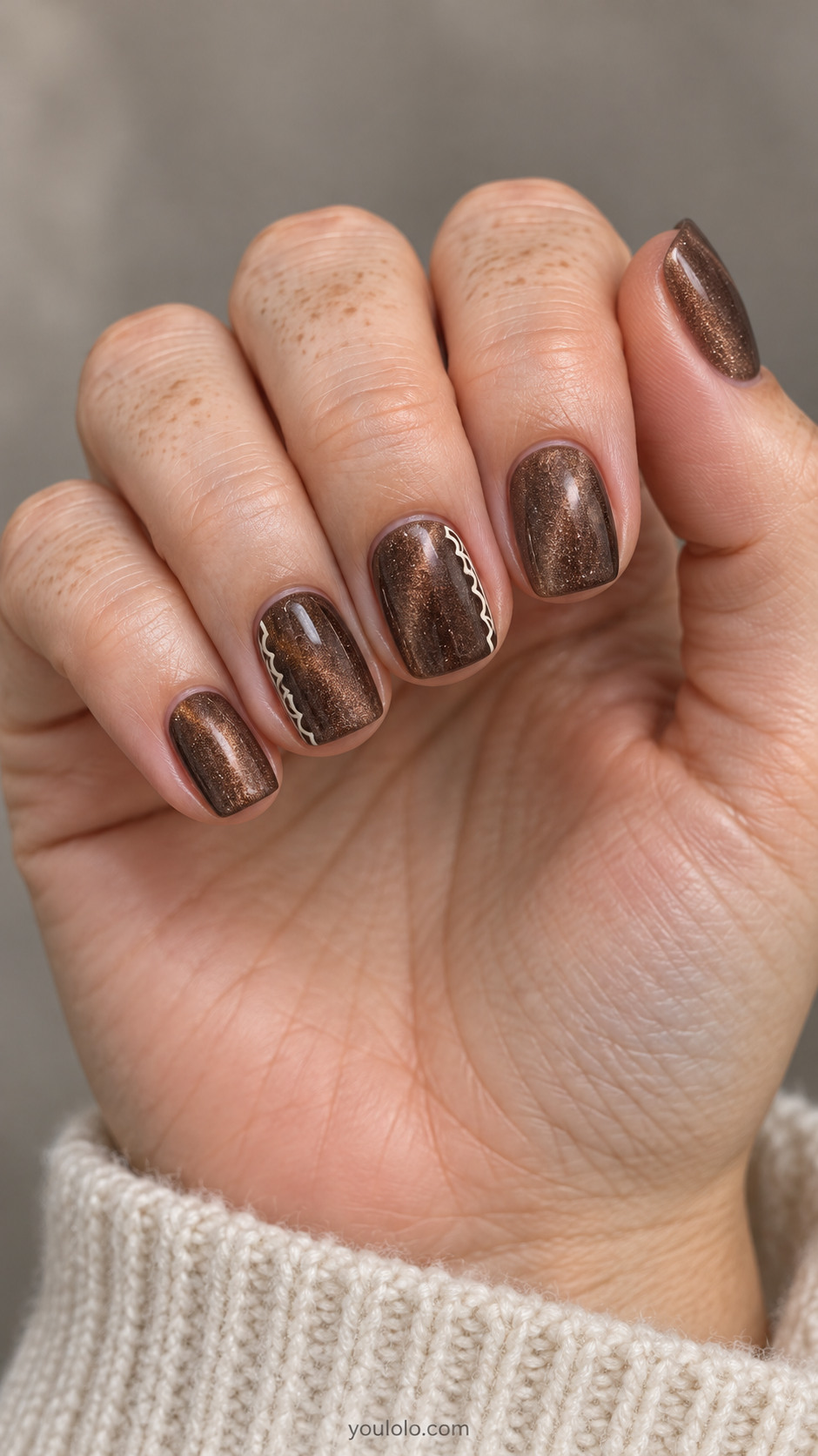 Short squoval nails: cocoa magnetic velvet nails, ring and middle have a very thin flat ivory scalloped border along just one side edge, others plain.
