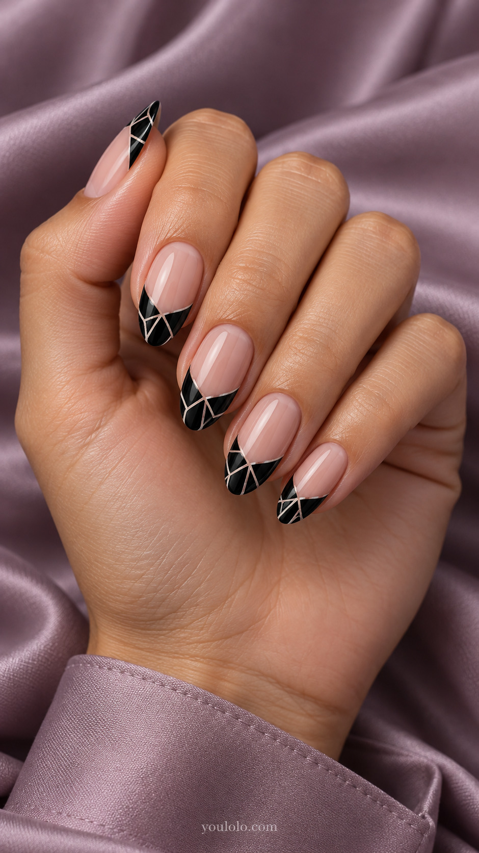 Mosaic Glass Tips on almond nails with a nude base
