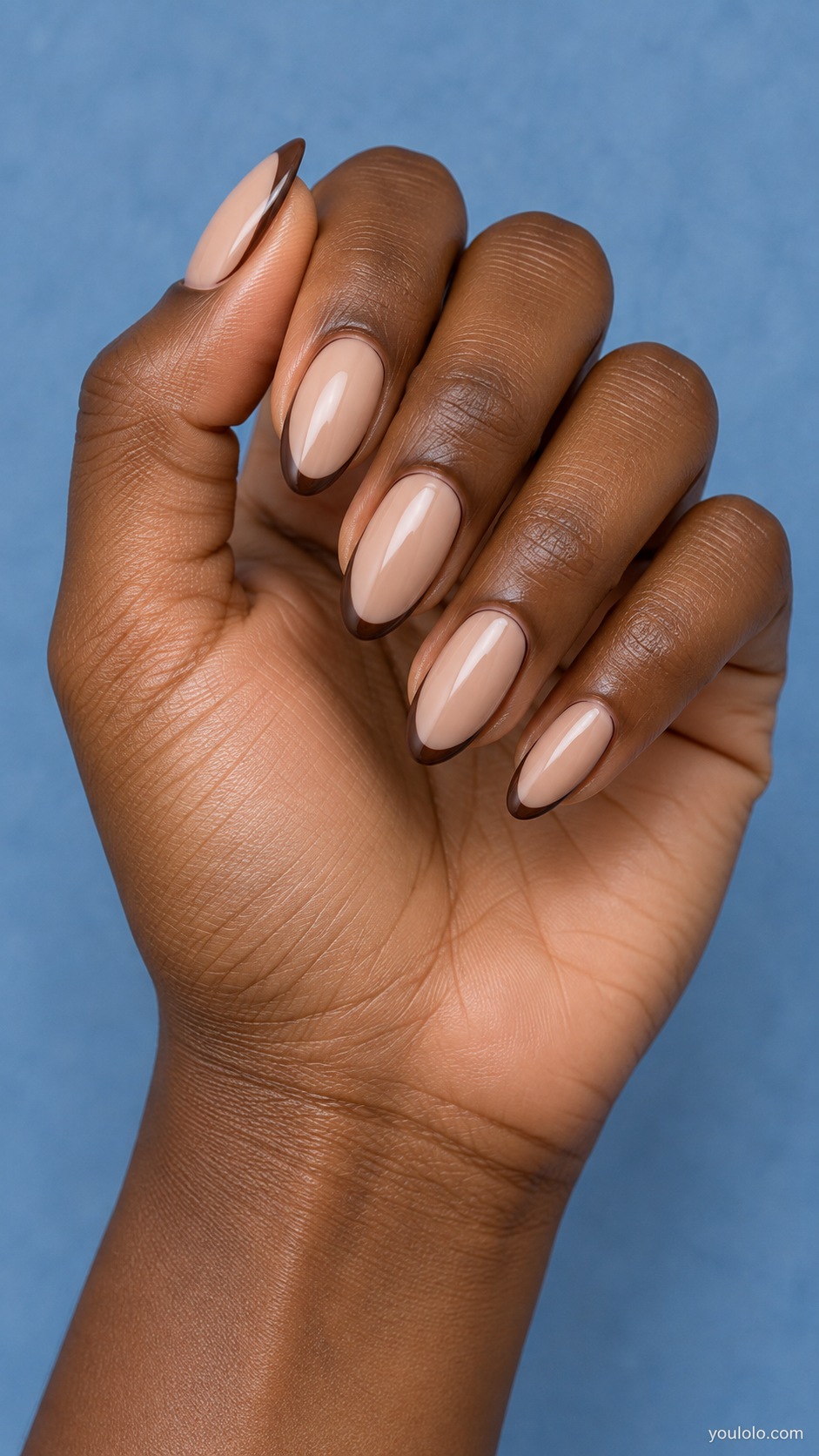 Chocolate Outline Nude — medium almond sheer beige nails dark chocolate thin perimeter painted outline