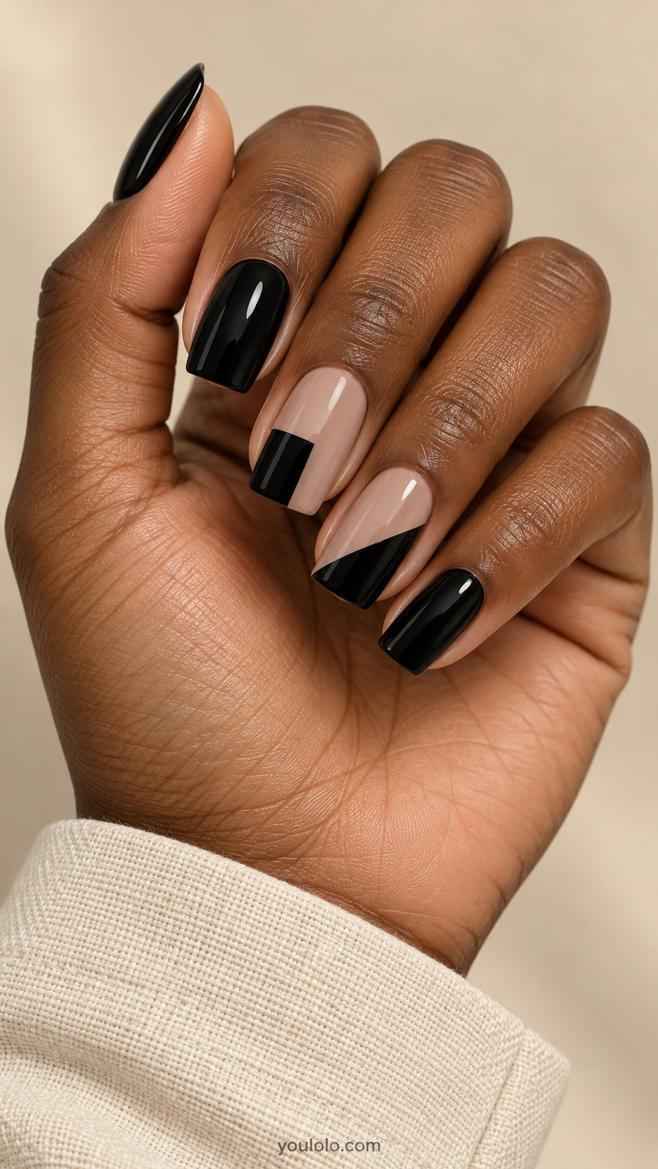 Black and taupe square nails with rectangular and diagonal color blocks