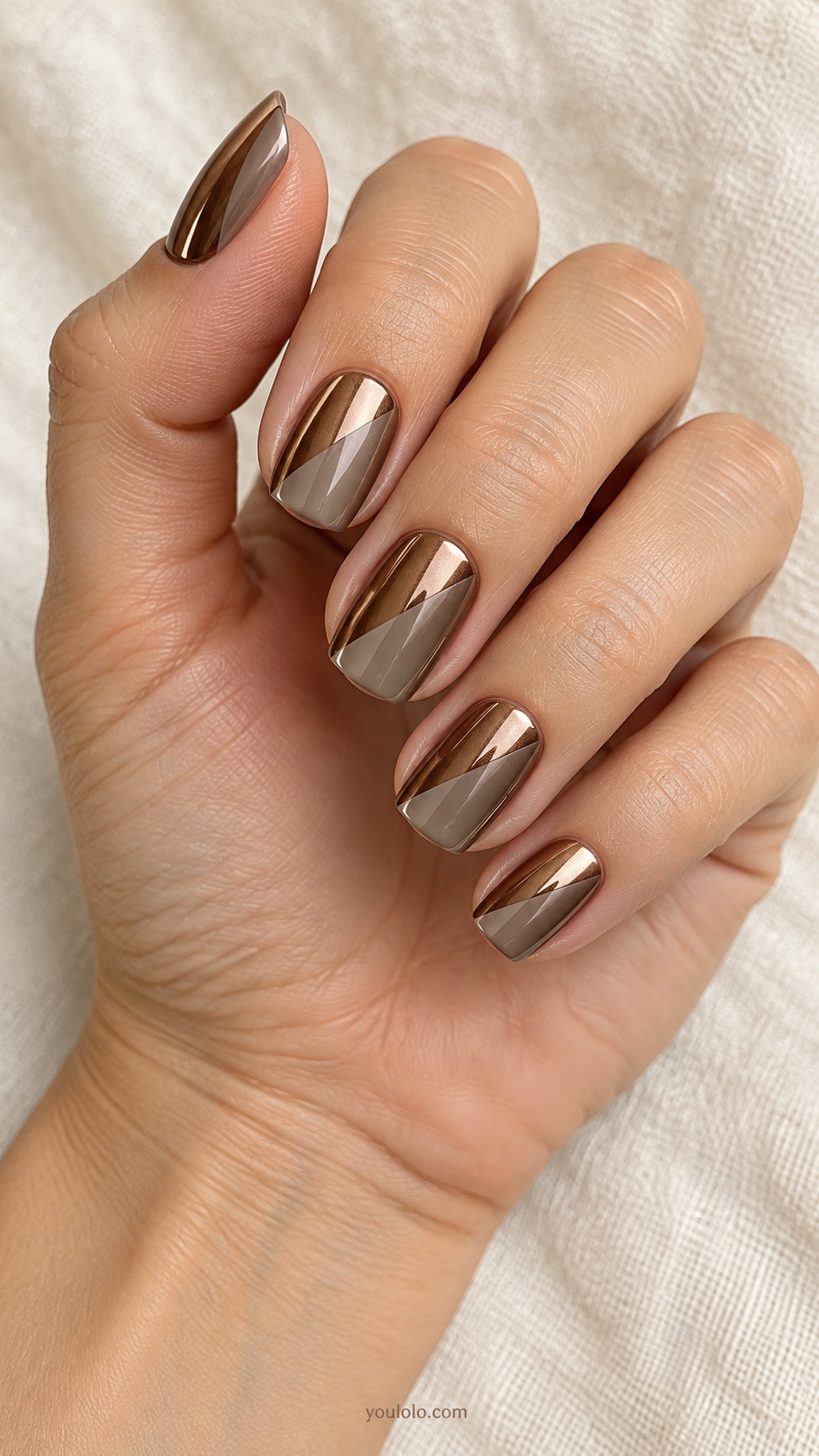 Two Tone Metal Blocks — short soft square diagonally divided taupe brown chrome and warm bronze chrome clean geometric panels