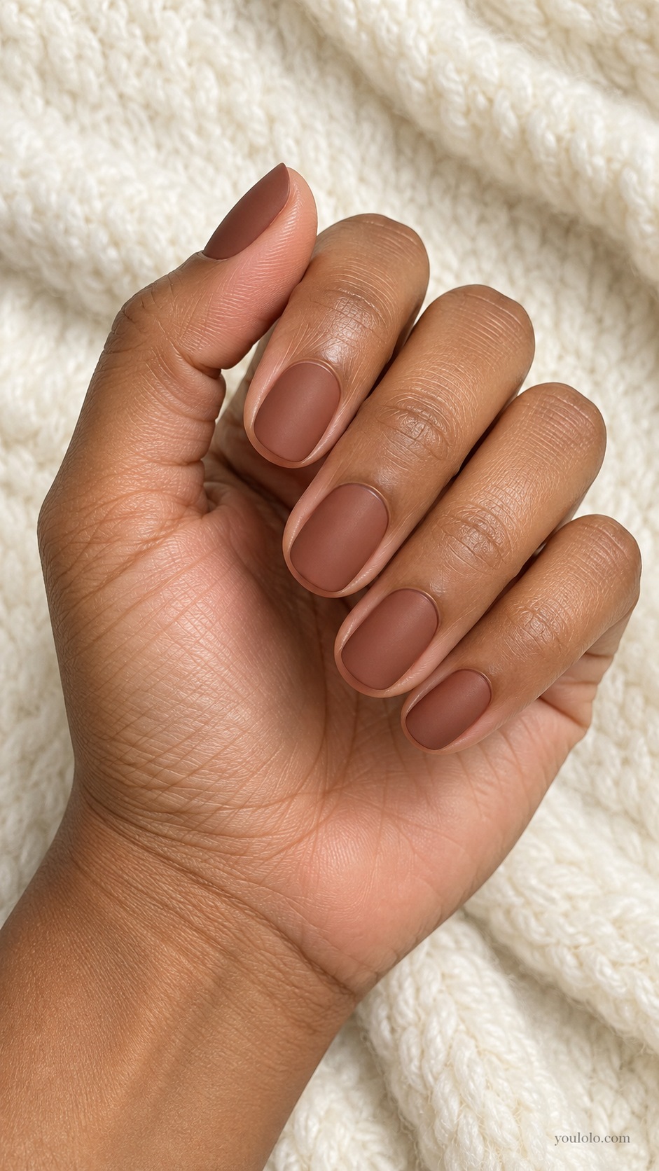 Clay Brown Matte — short oval clay brown with subtle terra cotta undertone smooth matte finish