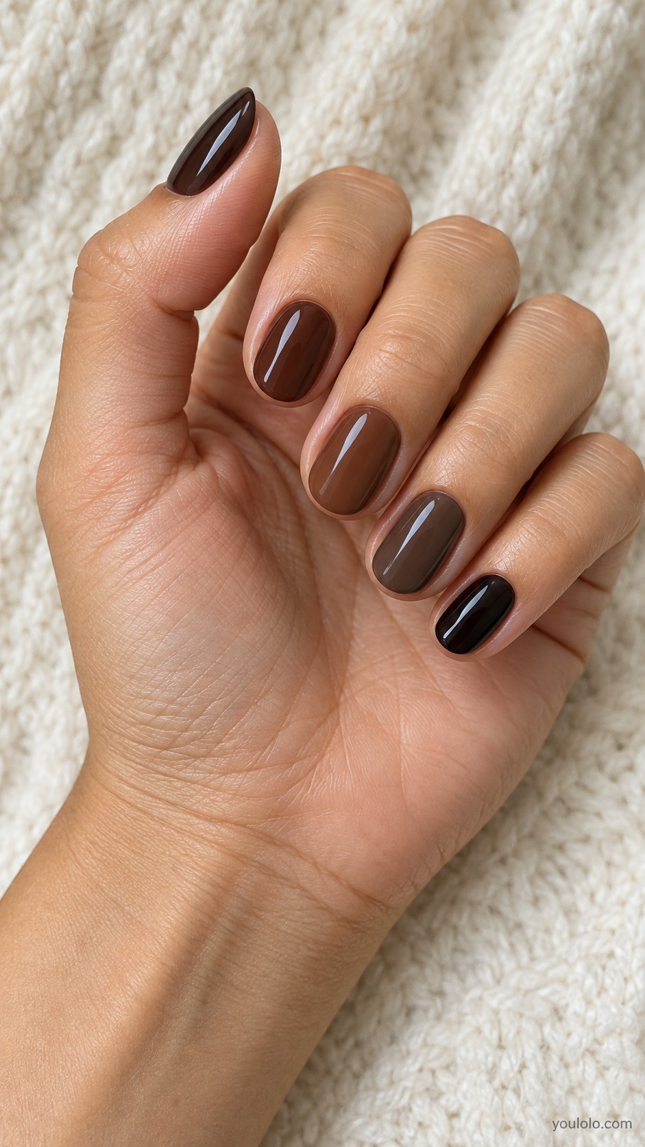 Dark Mocha Tonal Skittle — short oval five distinct deep brown shades from dark mocha to nearly black espresso creams