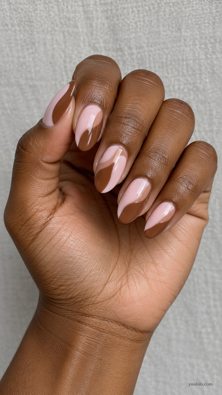 Pink Brown Wavy Blocks — medium almond pale pink and toffee brown curved panels with small sheer pink negative gap