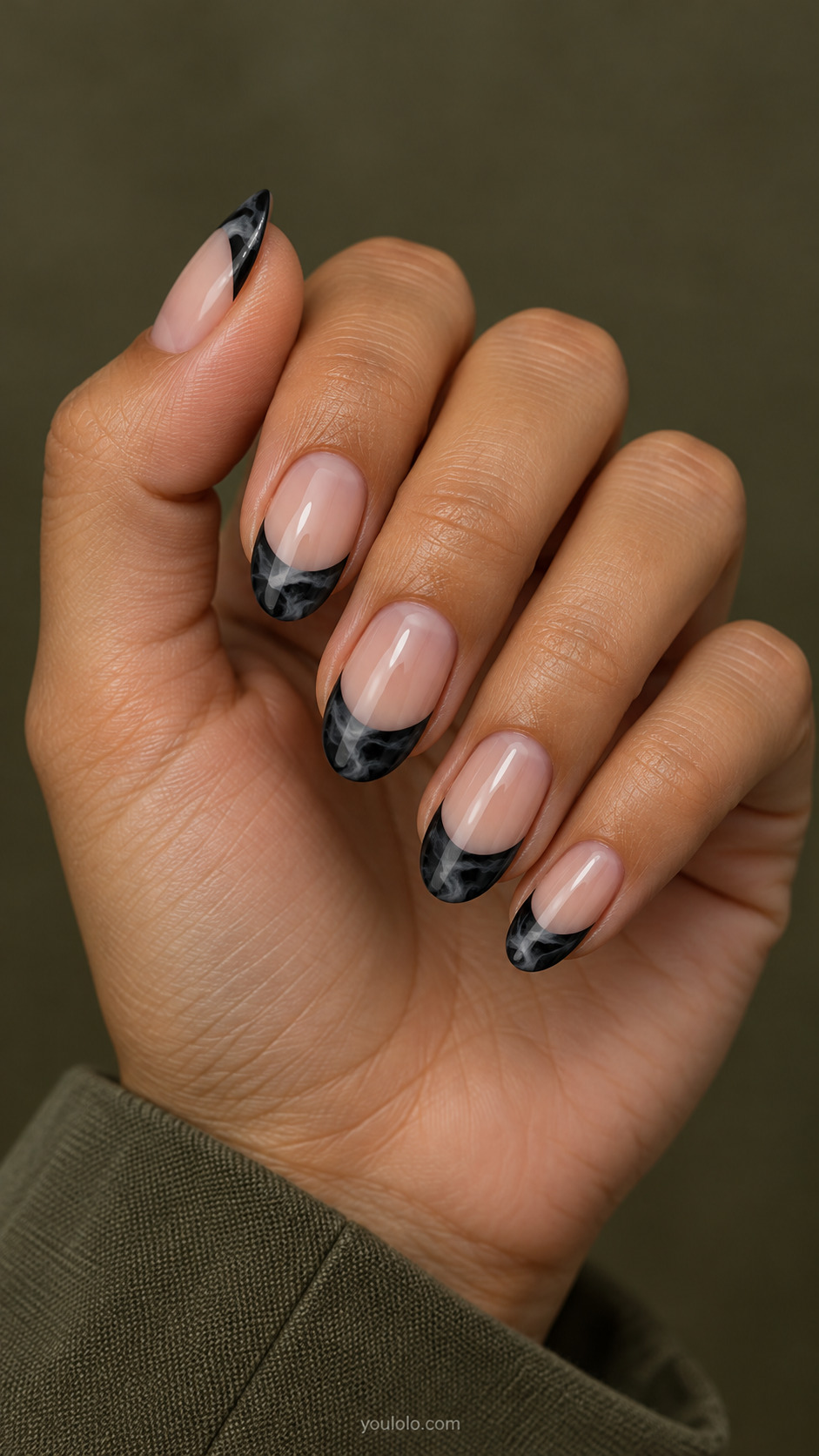 Charcoal Marble Edges on oval nails with a nude base