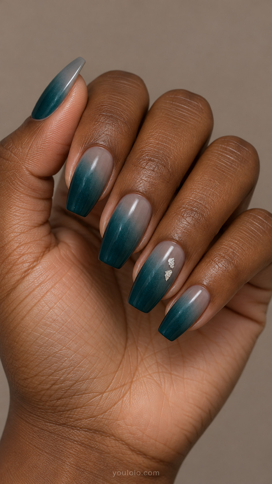 Diagonal teal-to-gray coffin gradients with tiny silver foil accents