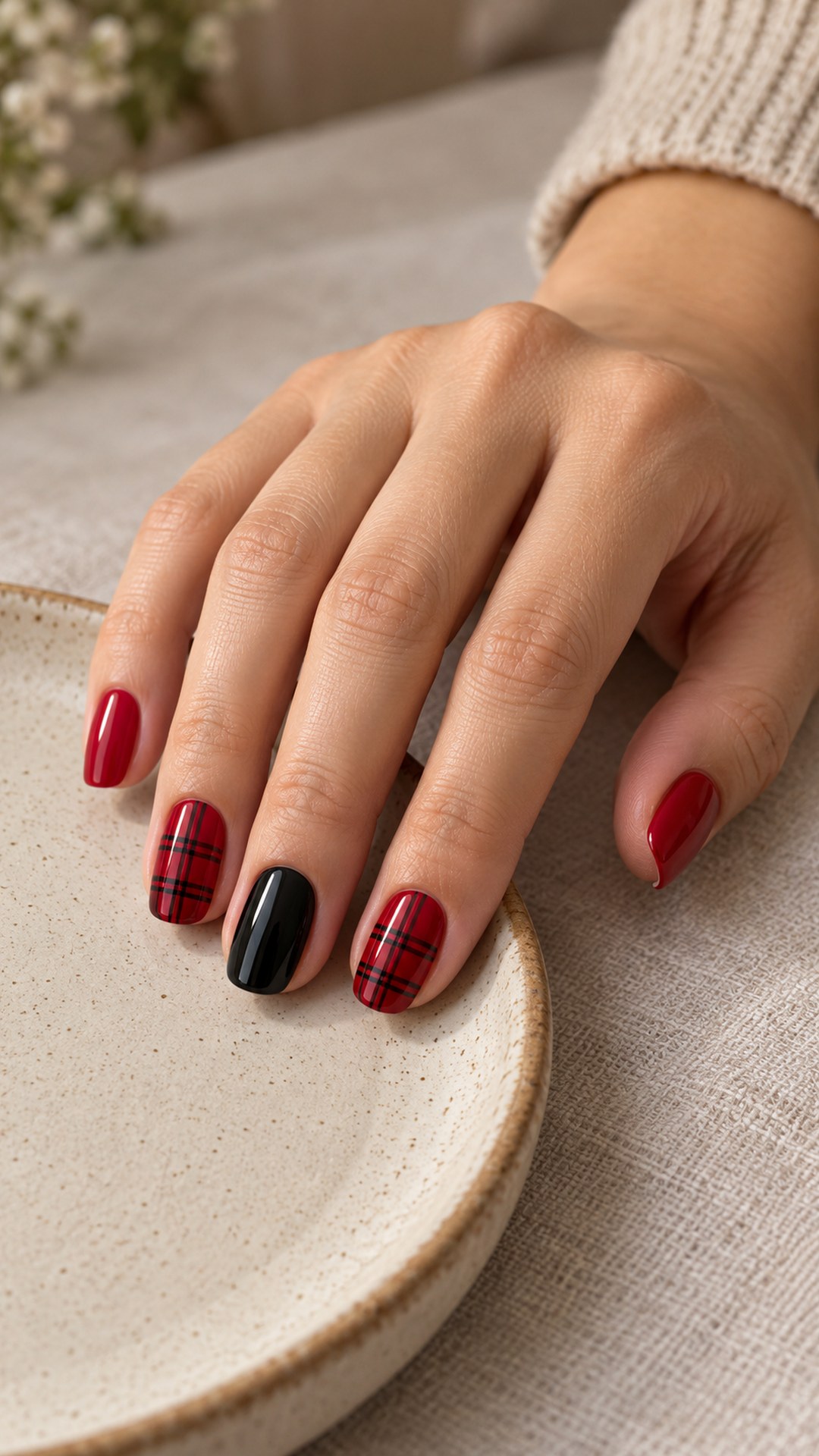 black and red nails — Fine Black Plaid on Red