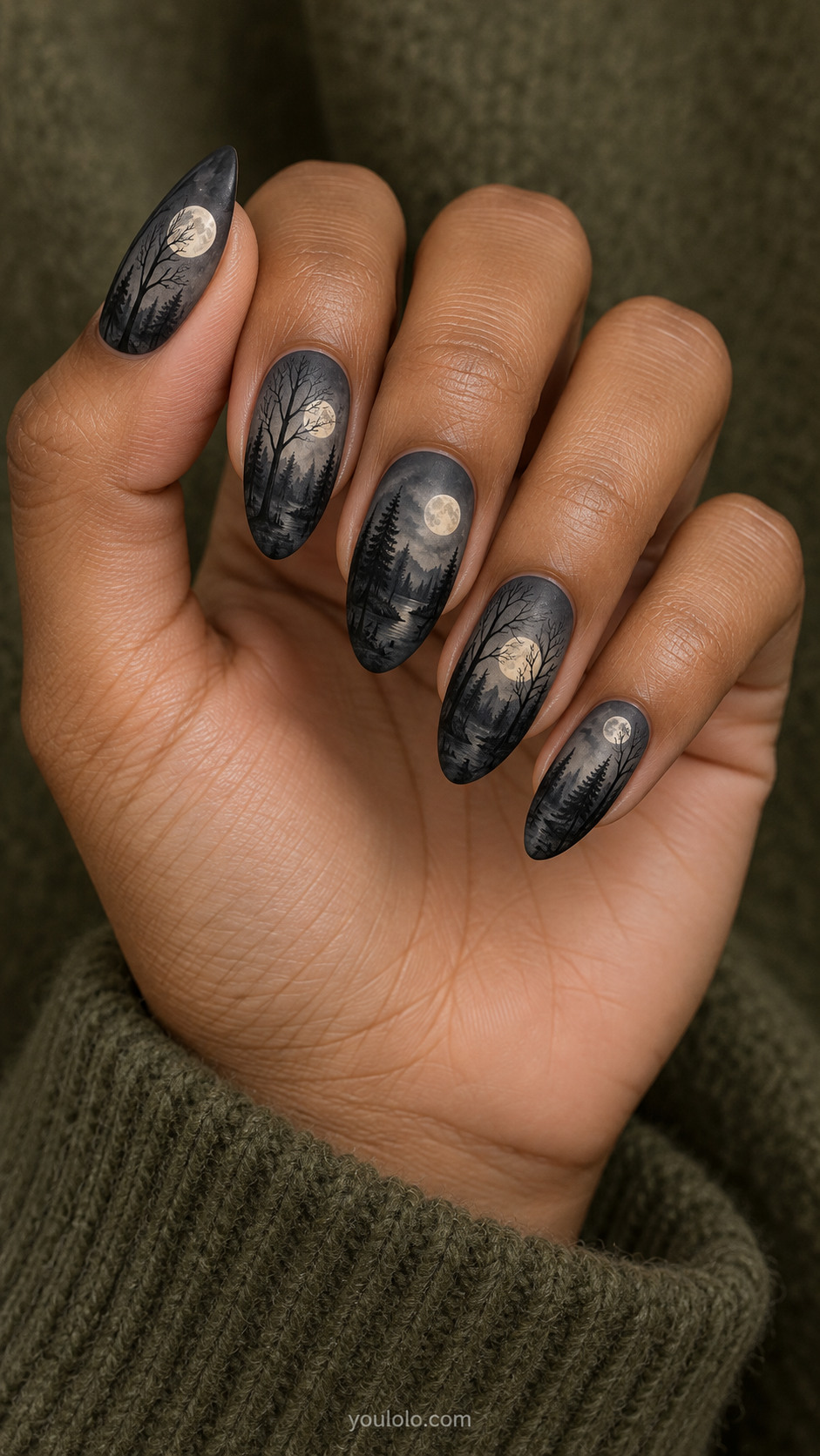 Long almond charcoal smoky nails with delicate black bare tree silhouettes and ivory full moons placed at different heights, miniature dramatic forest landscape