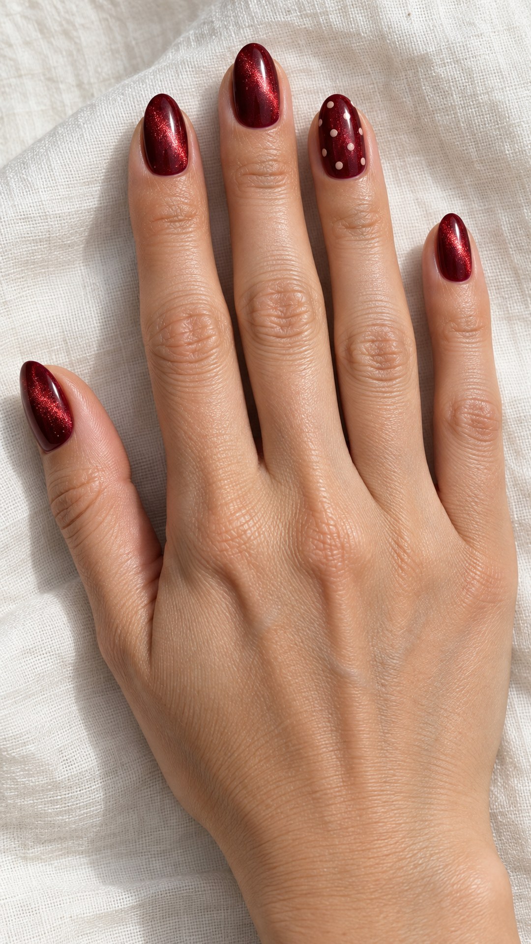 red cat eye nails — Red Velvet with Tiny Nude Dots
