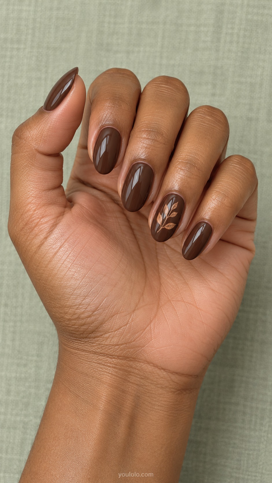 Dark Brown Tiny Leaf — medium oval chocolate cream nails ring nail one tiny hand painted caramel leaf