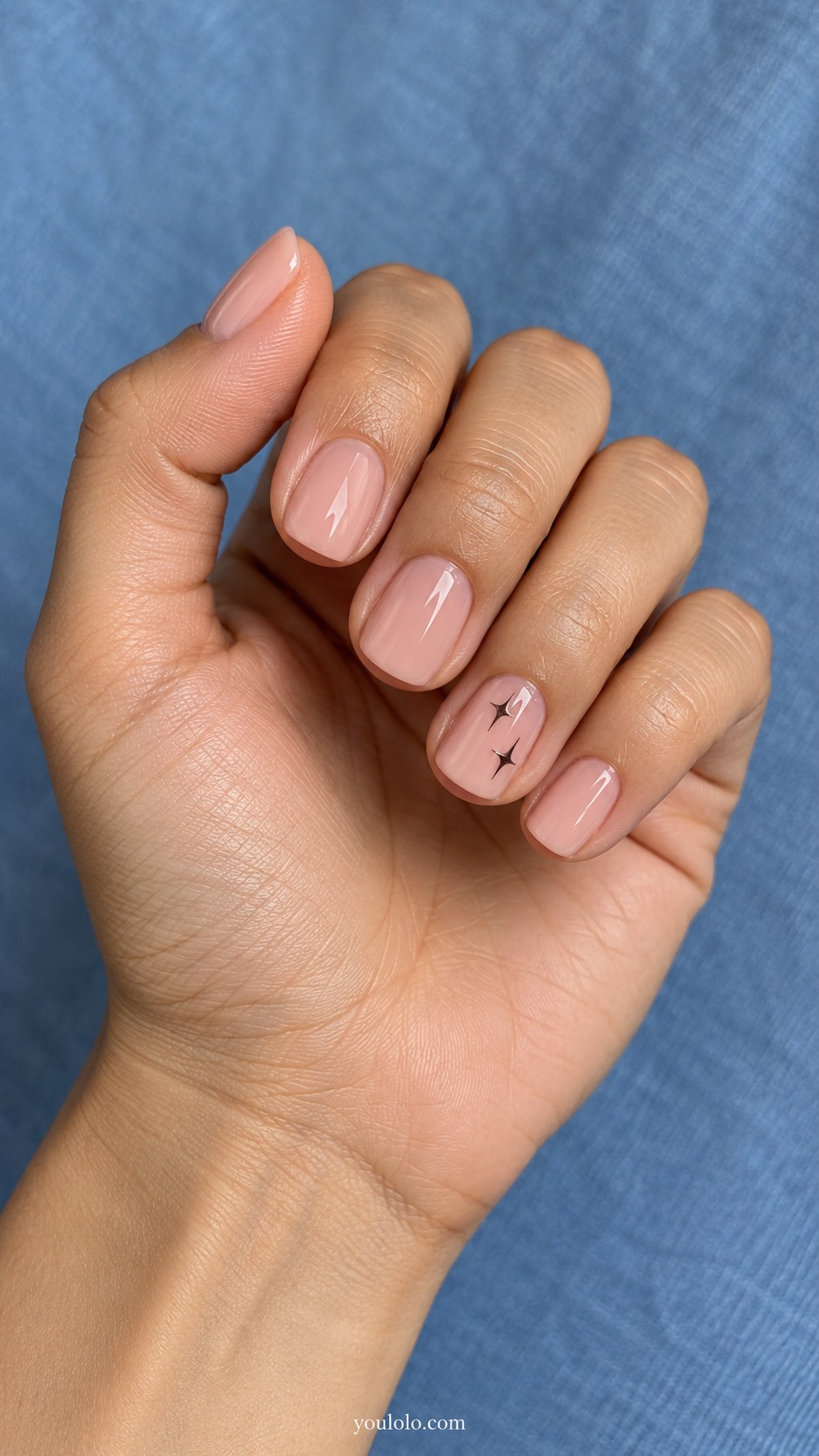 Blush Espresso Tiny Stars — short squoval blush nails one ring nail two tiny espresso four point stars