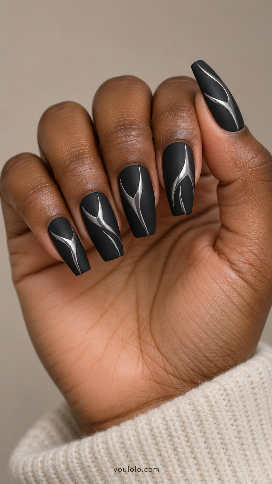 Matte-black coffin nails with flat flowing gunmetal chrome forked strokes