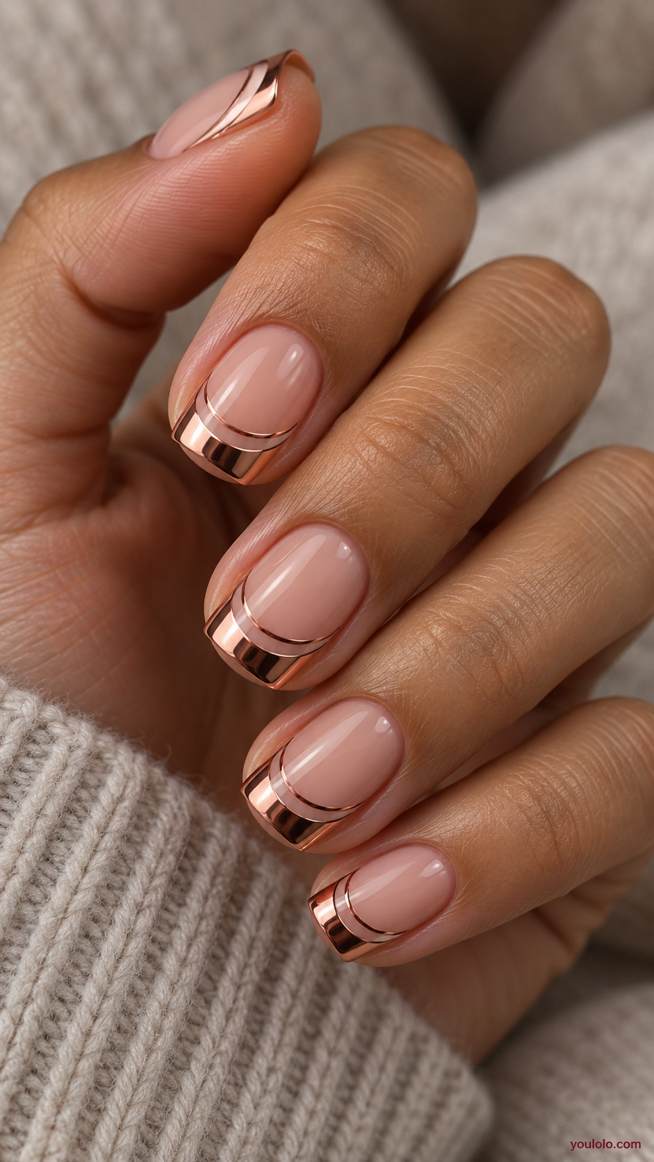 Rose-Gold Double French on a naturally gathered feminine hand showing the nail finish