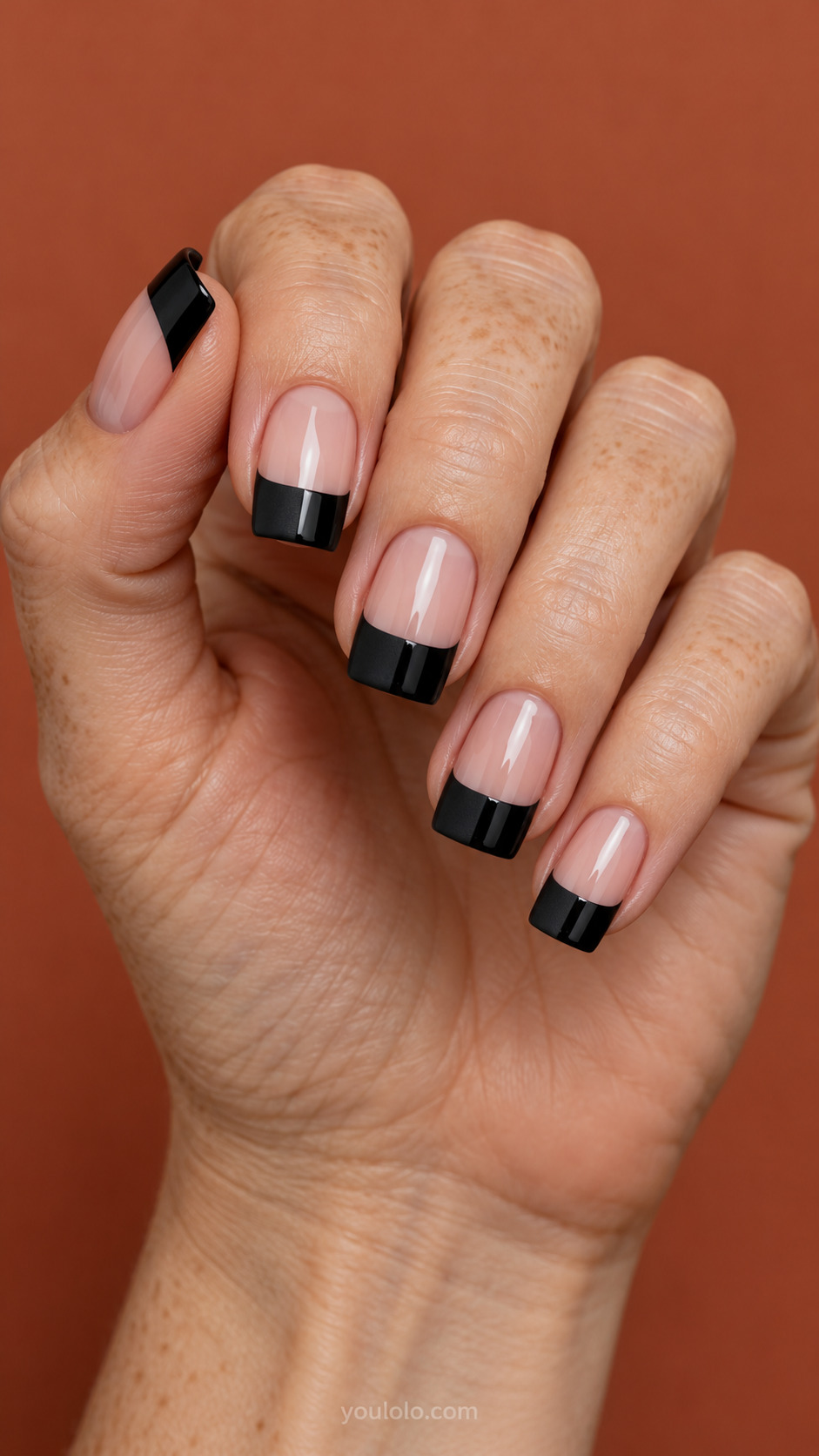 Split Finish Black Blocks on square nails with a nude base