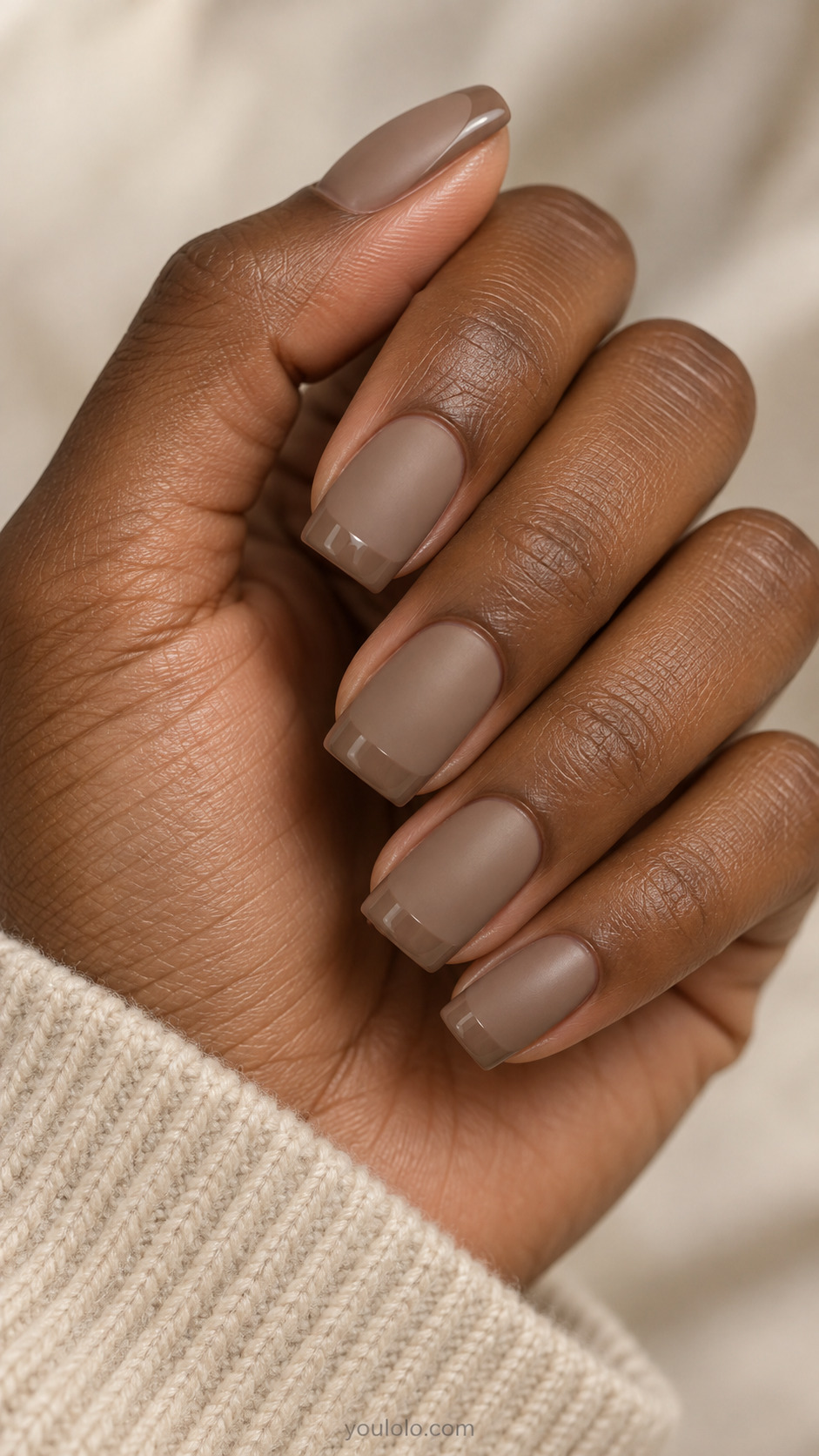 Medium soft square nails with satin taupe bases and glossy taupe French tips.