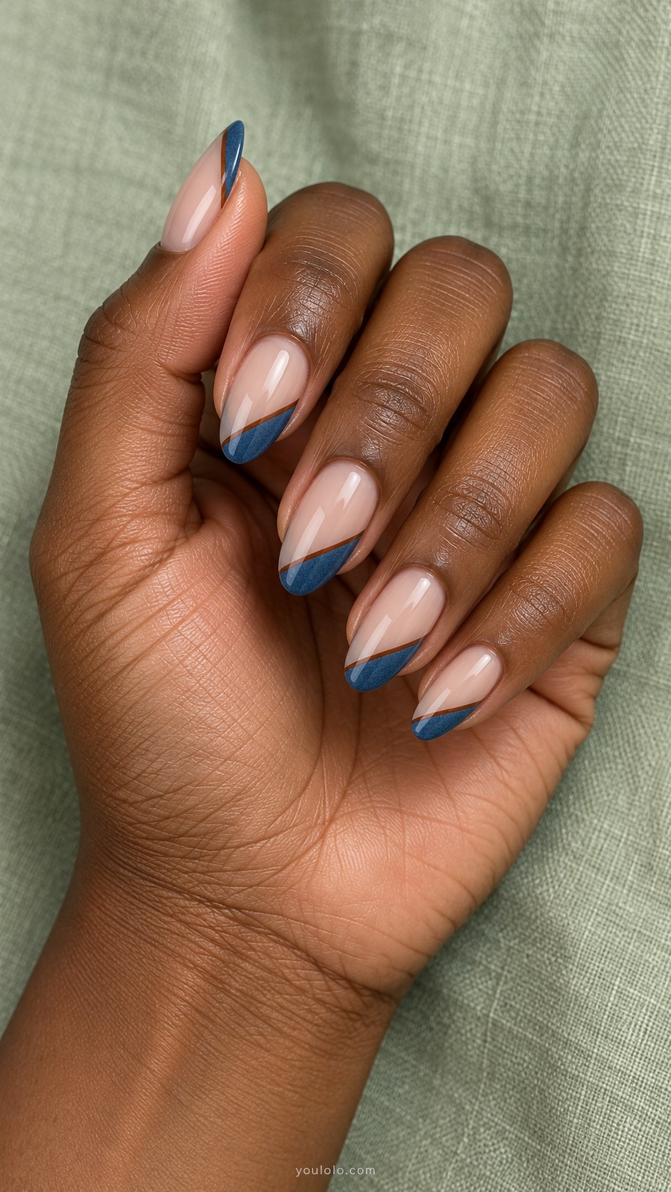 Coffee Denim Angled French — medium almond sheer beige base angled denim blue tips with fine coffee brown border