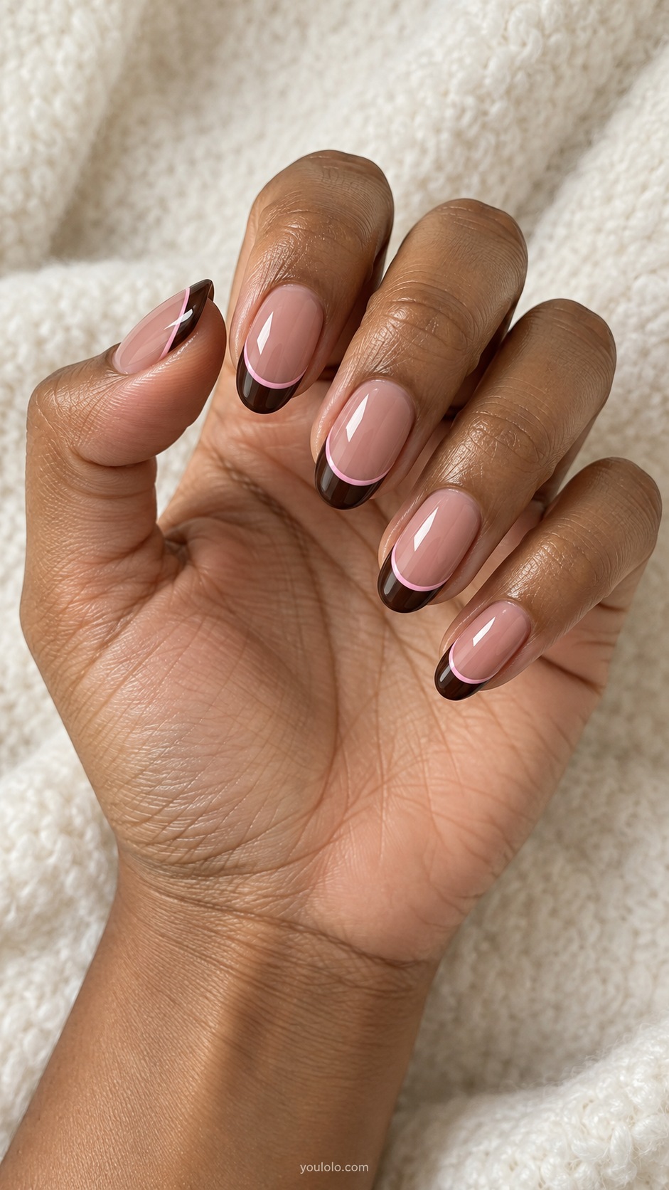 Pink Brown Slim Border French — medium oval dusty pink nails chocolate French tips fine pink line following brown smile edge