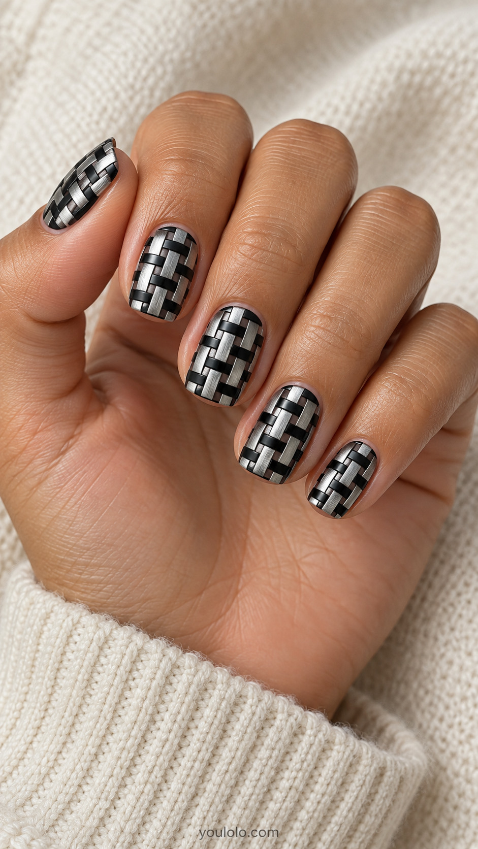 Medium squoval nails tiny alternating rectangular black and brushed silver bars in basketweave textile pattern, intricate neat flat art