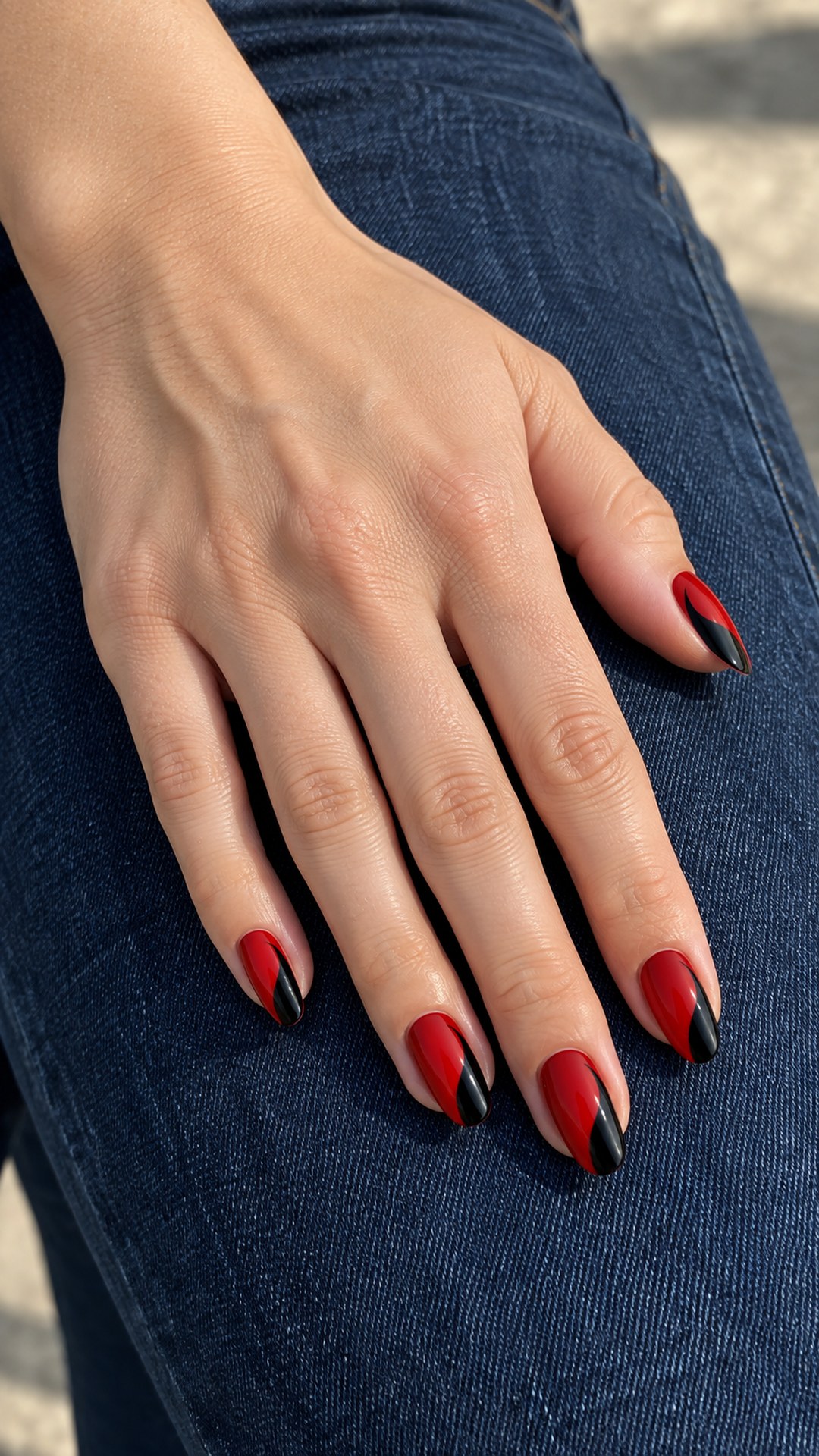black and red nails — Black Side Swoop on Red