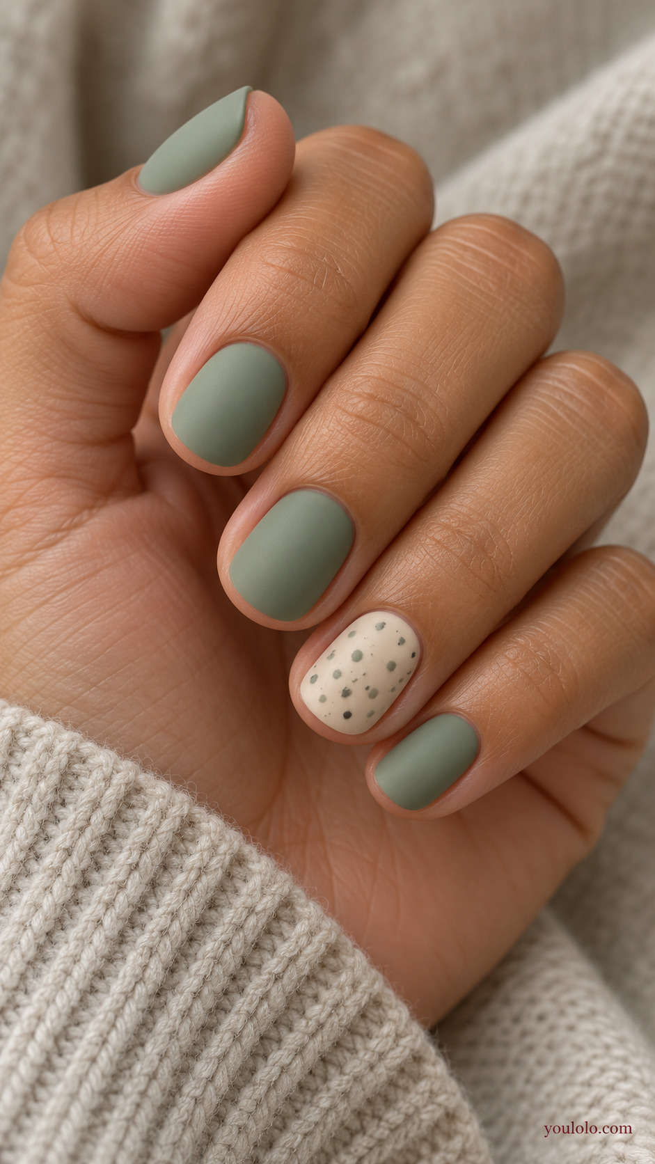 Sage and Cream Speckled Ceramic on a softly gathered feminine hand with a matte green manicure