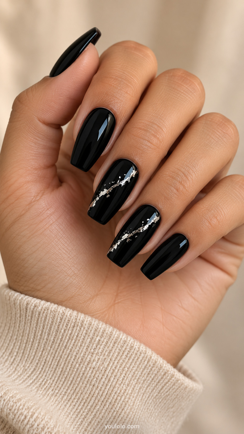 Black coffin nails with diagonal silver foil fragments