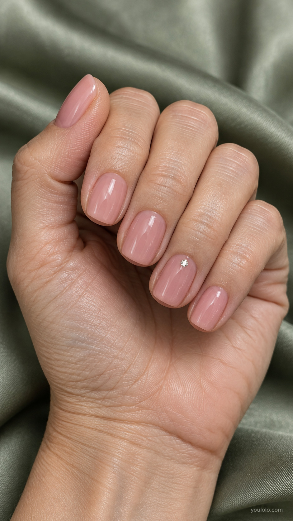 Short rosy pink squoval nails with one clear crystal on the ring nail