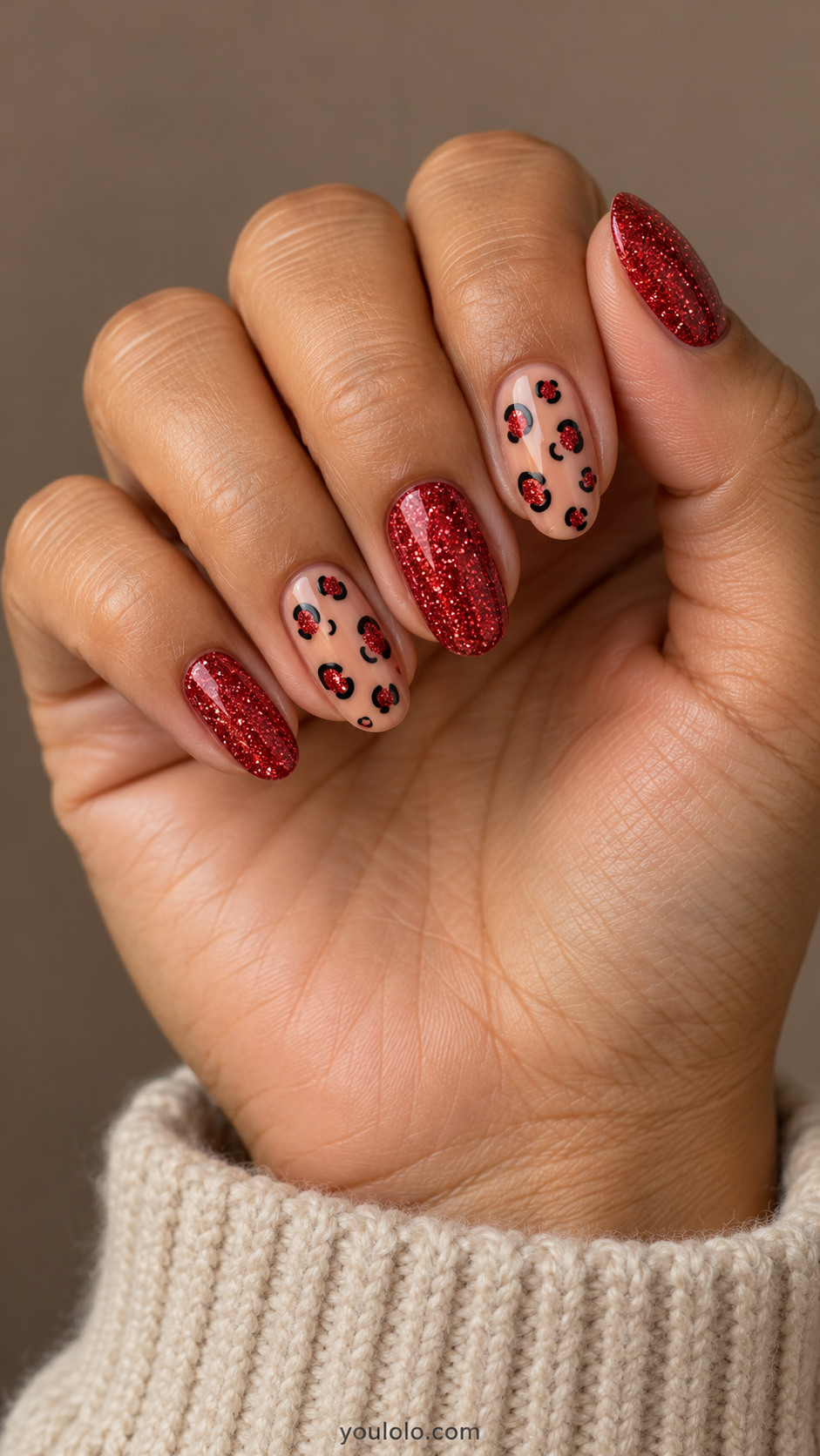 Ruby oval nails with nude red-glitter leopard accents