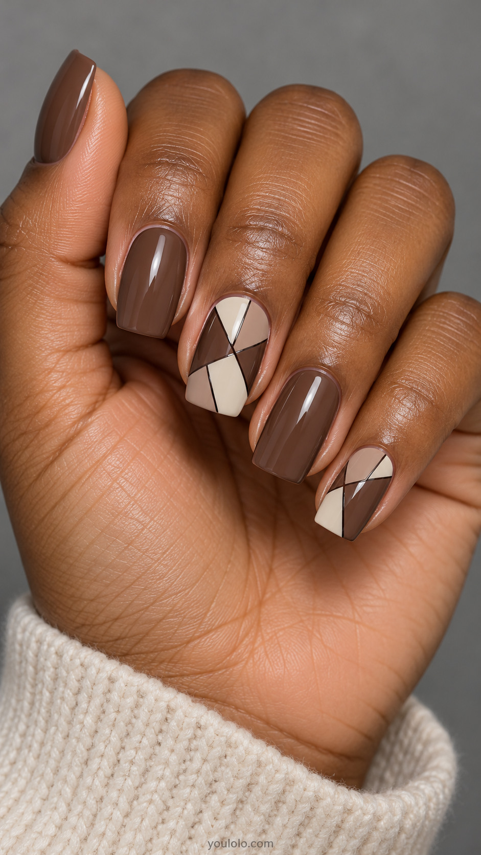 Medium square nails: two accent nails geometric mosaic of irregular ivory taupe mocha polygons divided by very fine espresso lines; others plain mocha.