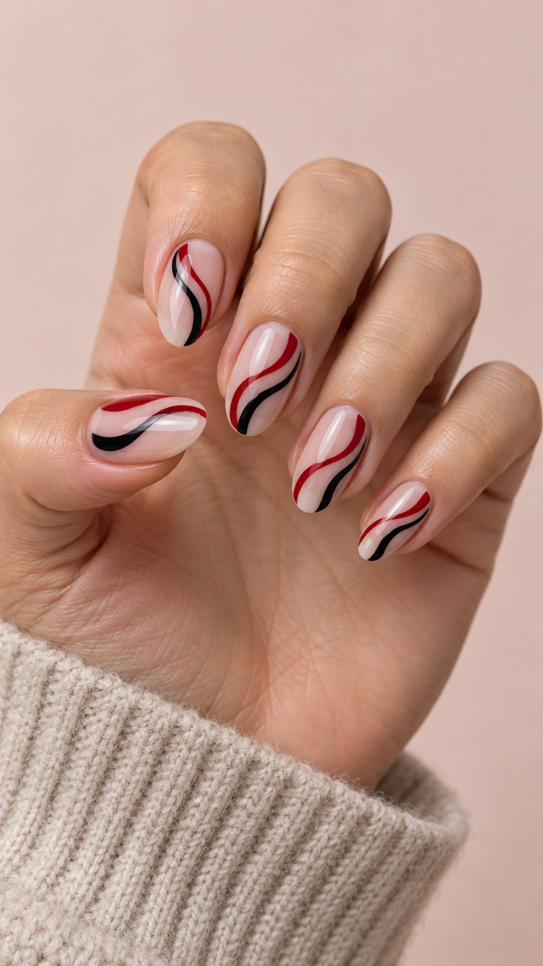 black and red nails — Red and Black Abstract Waves on Nude
