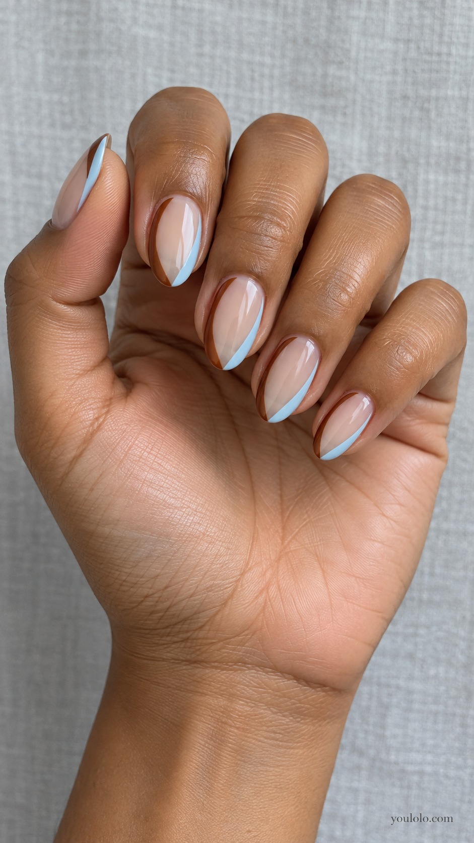 Blue Brown Minimal Arch — medium oval sheer nude beige base brown arch along left side and pale blue shorter arch along right side large clear center