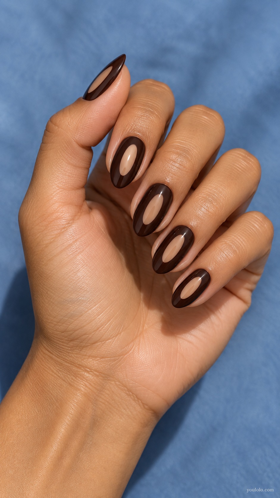 Dark Brown Sheer Window — medium oval dark brown cream covering nail except small central vertical sheer beige oval window