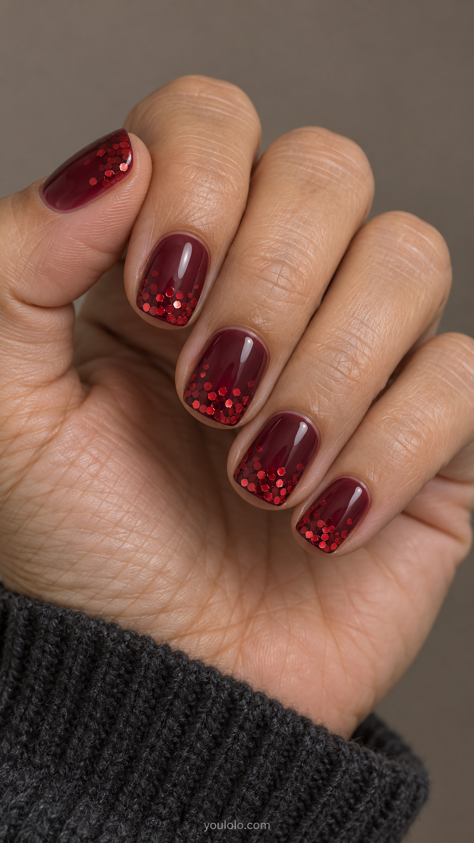 Wine jelly square nails with flat red sequin mosaic patches