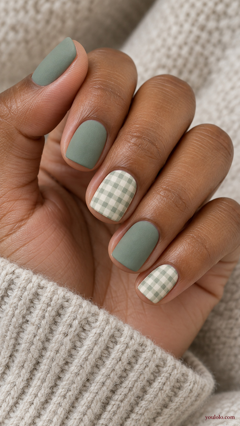 Sage Green Micro Gingham on a softly gathered feminine hand with a matte green manicure