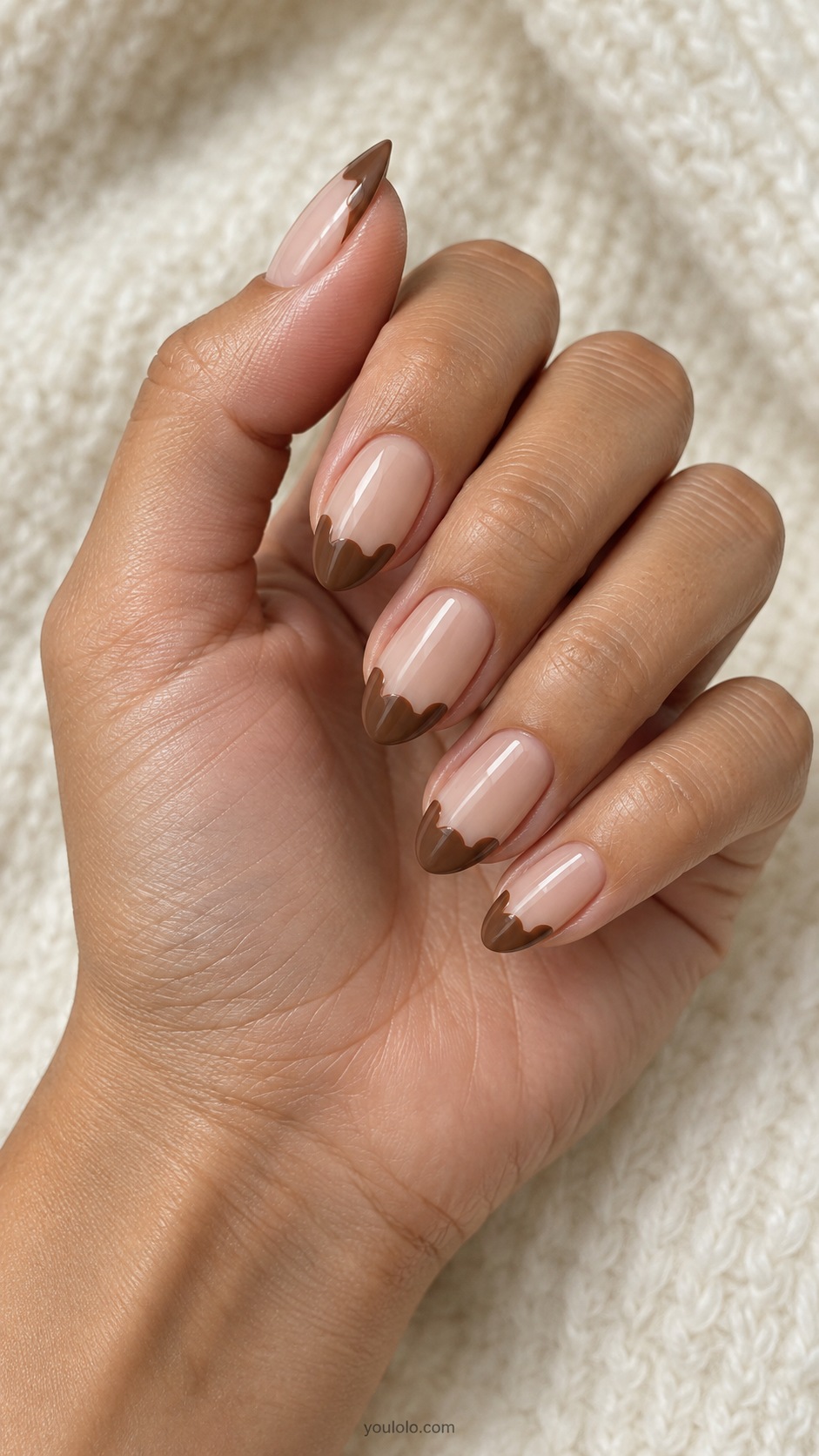 Latte Scalloped Tips — medium almond sheer beige nails latte brown scalloped tip border three soft rounded curves at each tip
