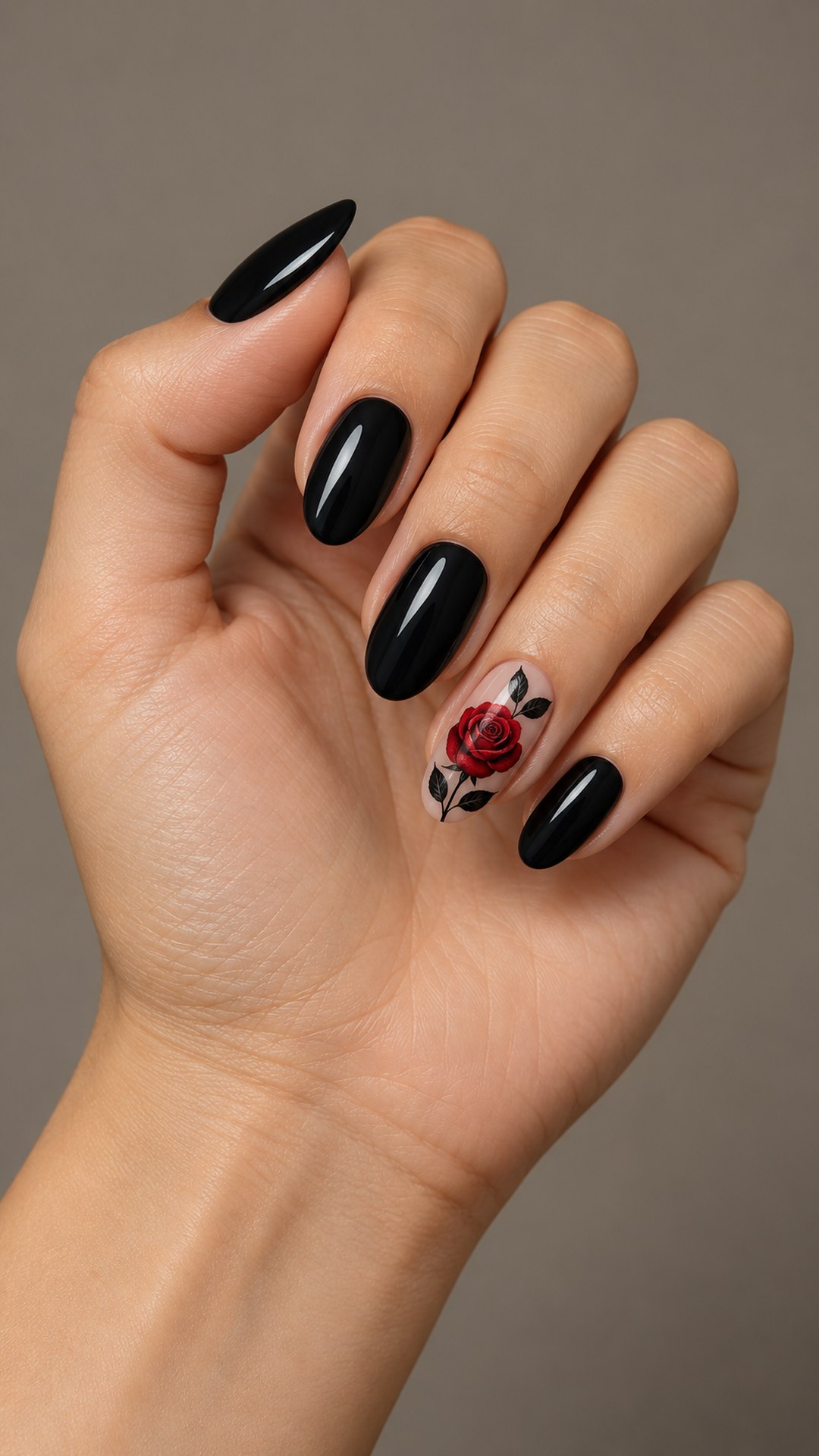 black and red nails — Red Rose Accent with Black Leaves