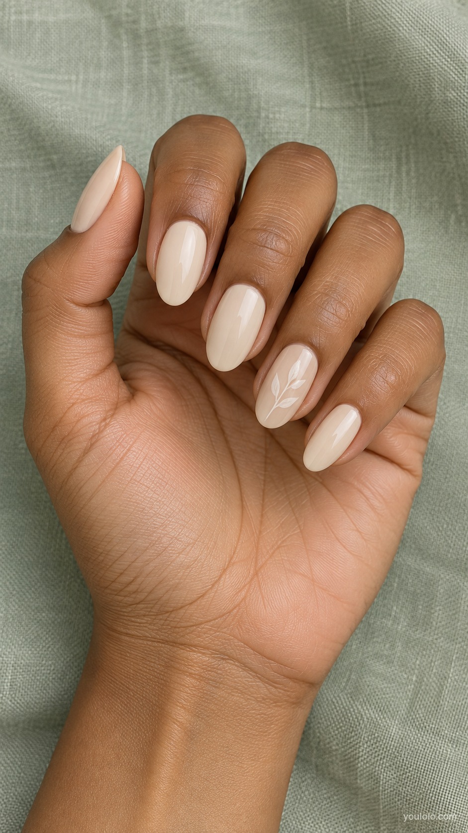 Maple Botanical Line — medium oval maple cream nails one ring nail fine ivory twig and two leaves painted design