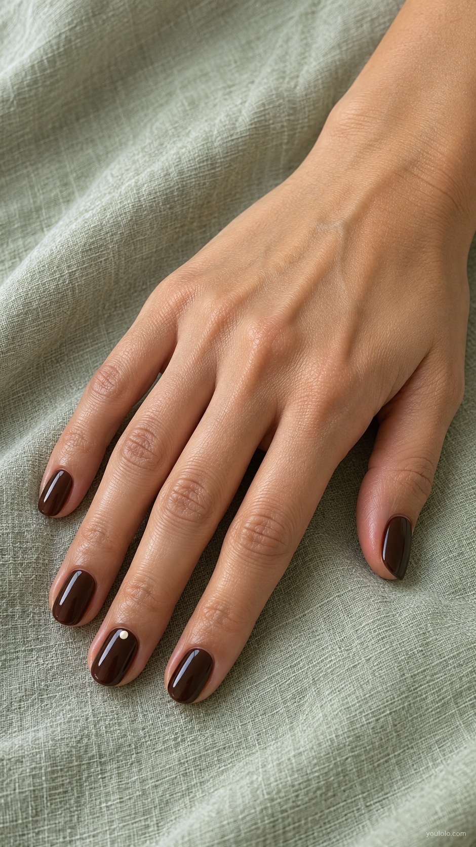 Chocolate Single Pearl — short oval dark chocolate nails one very small flat pearl ivory painted circular accent near ring nail base not raised pearl