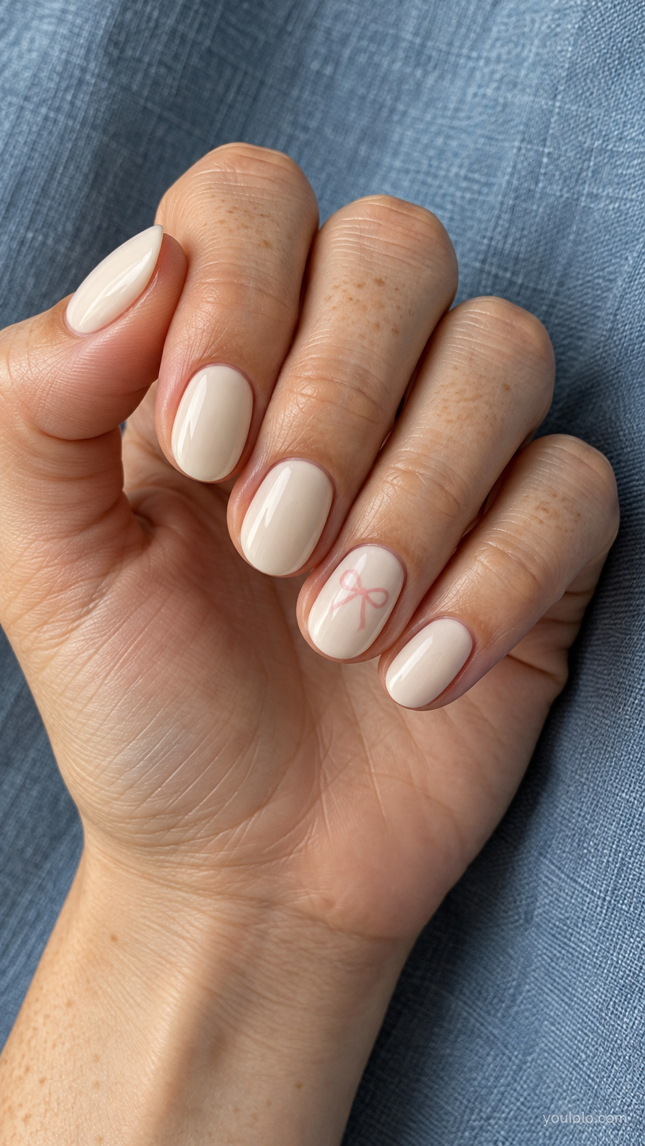 Short ivory oval nails with one small painted pink ribbon bow