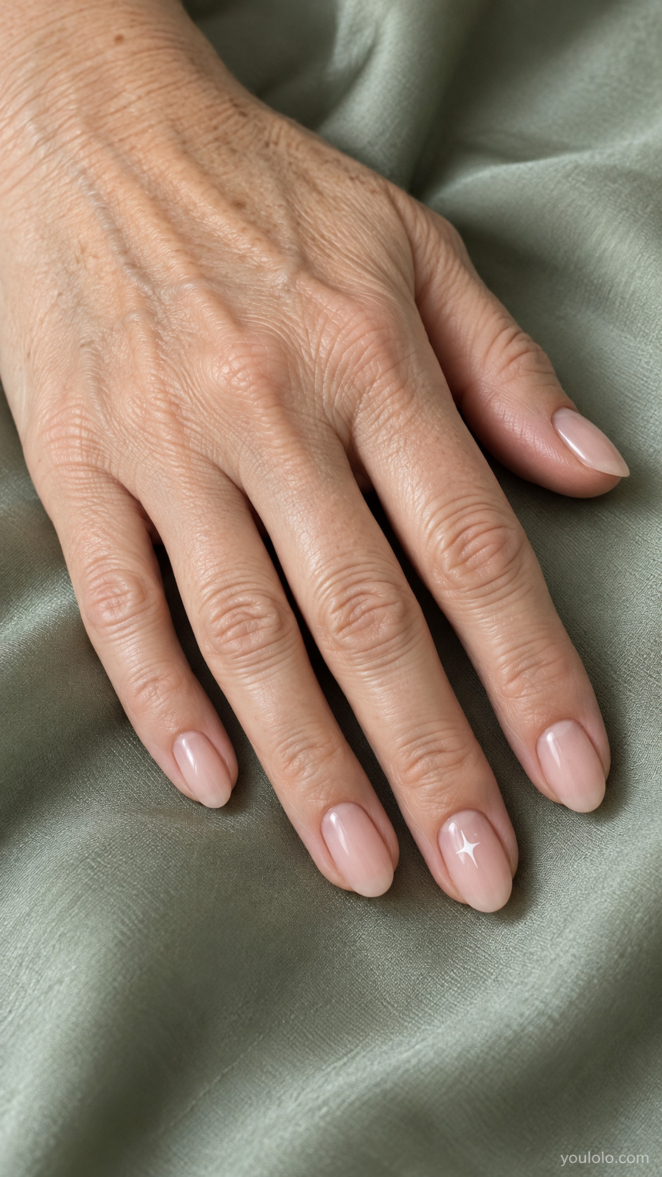 Short sheer nude pink nails with one white sparkle star accent