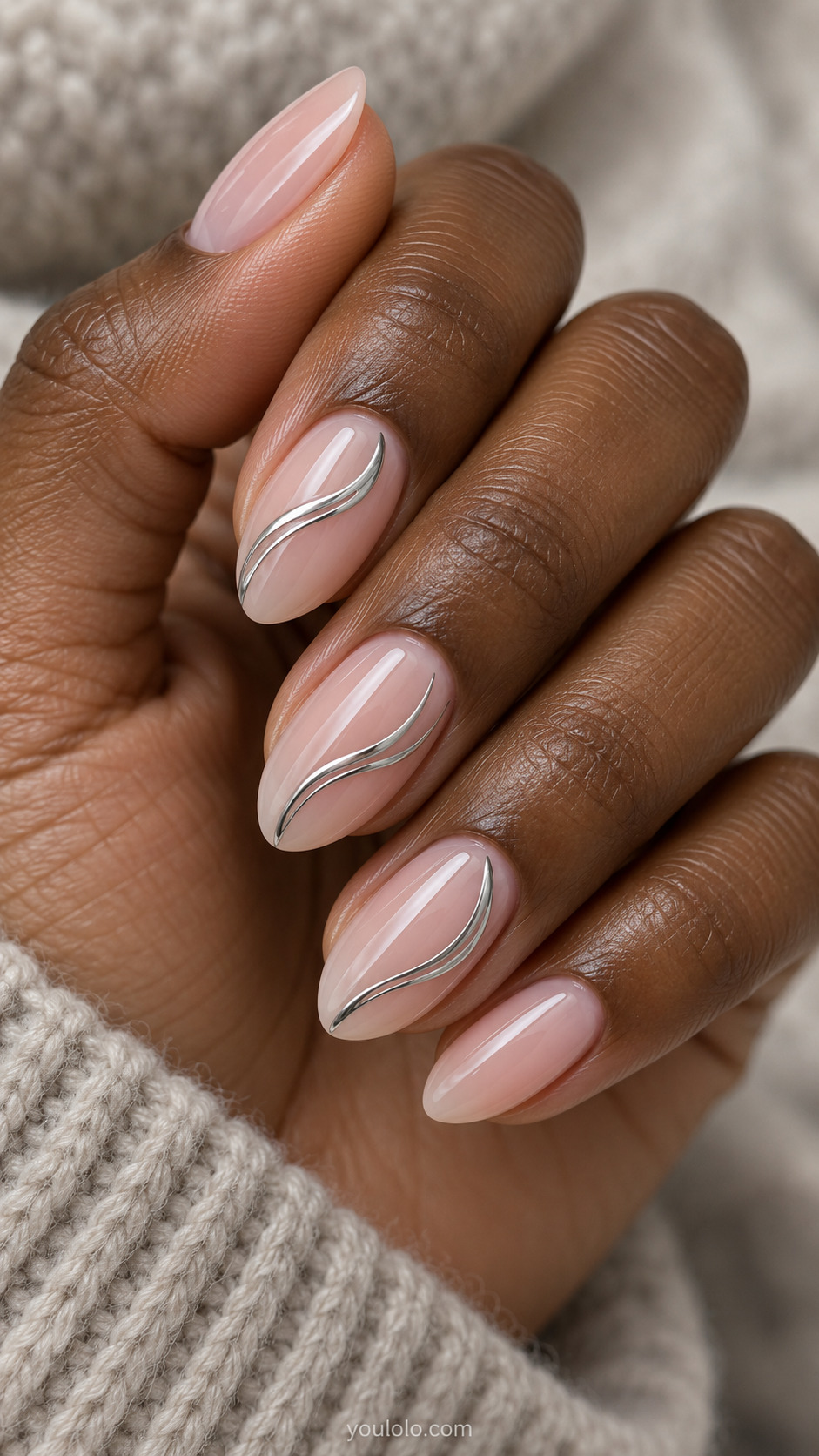 Pearl Glaze with Fine Silver Swirls on a naturally gathered feminine hand showing the nail finish